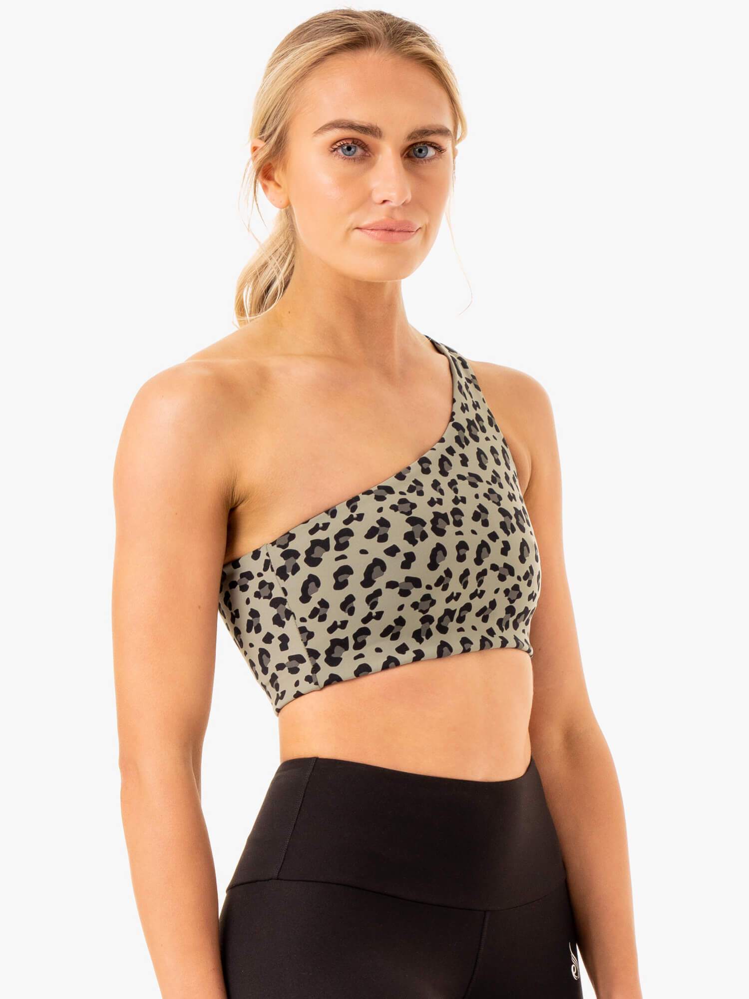 Adapt One Shoulder Sports Bra - Khaki Leopard Print - High Support Workout Top for Yoga, Running & Gym
