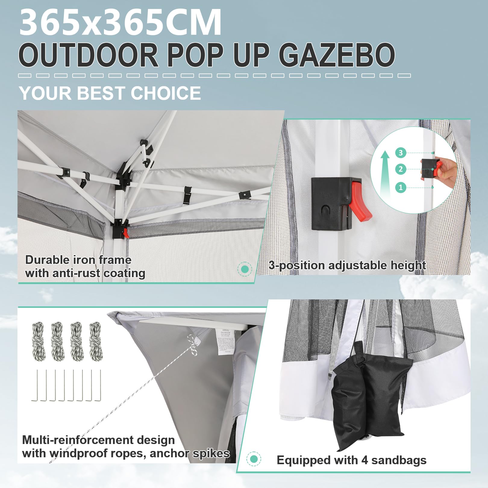 COBIZI 12x12 Pop Up Gazebo with Mosquito Net & Carrying Bag - Portable Outdoor Canopy Tent for Patio, Garden, Backyard, Lawn & Beach (Grey) | Perfect for Camping, Picnics & Outdoor Parties