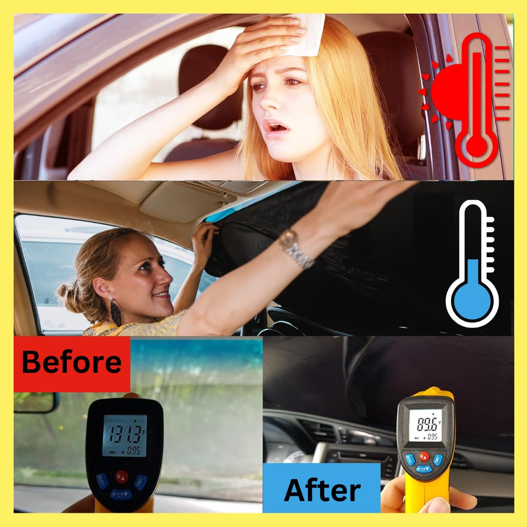 Kinder Fluff Reflective & Foldable Windshield Sunshade - Blocks 99% UV Rays | Car Window Sun Cover for Heat Protection (63x35in, Large) | Perfect for Summer Parking & Dashboard Protection