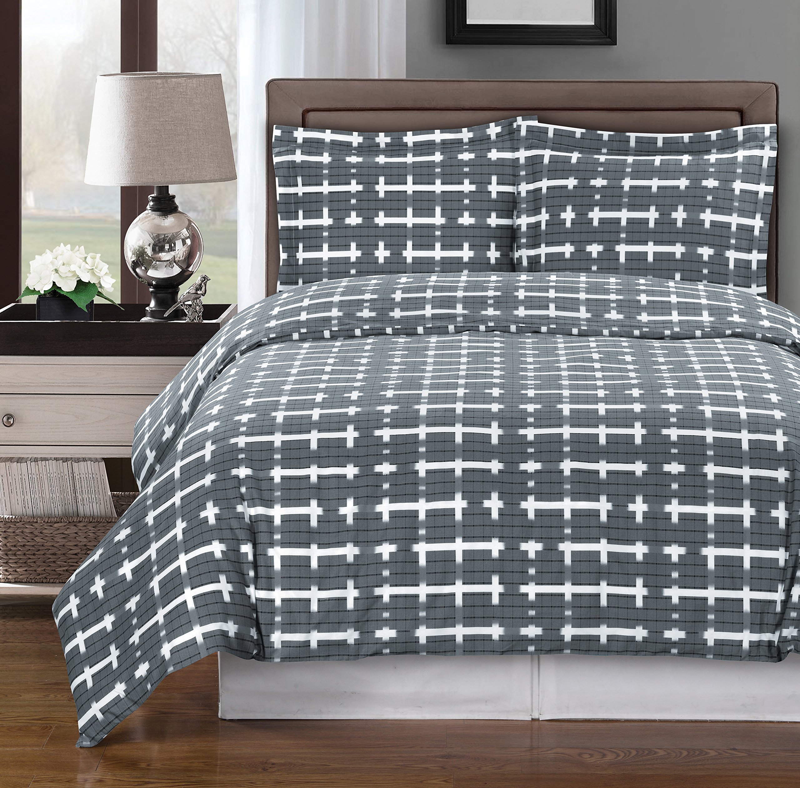 Royal Hotel Luxury 4-Piece Full/Queen Comforter Set - 100% Cotton 300 Thread Count Gray & White Norwich Pattern - Perfect for Master Bedroom, Guest Room & Vacation Homes