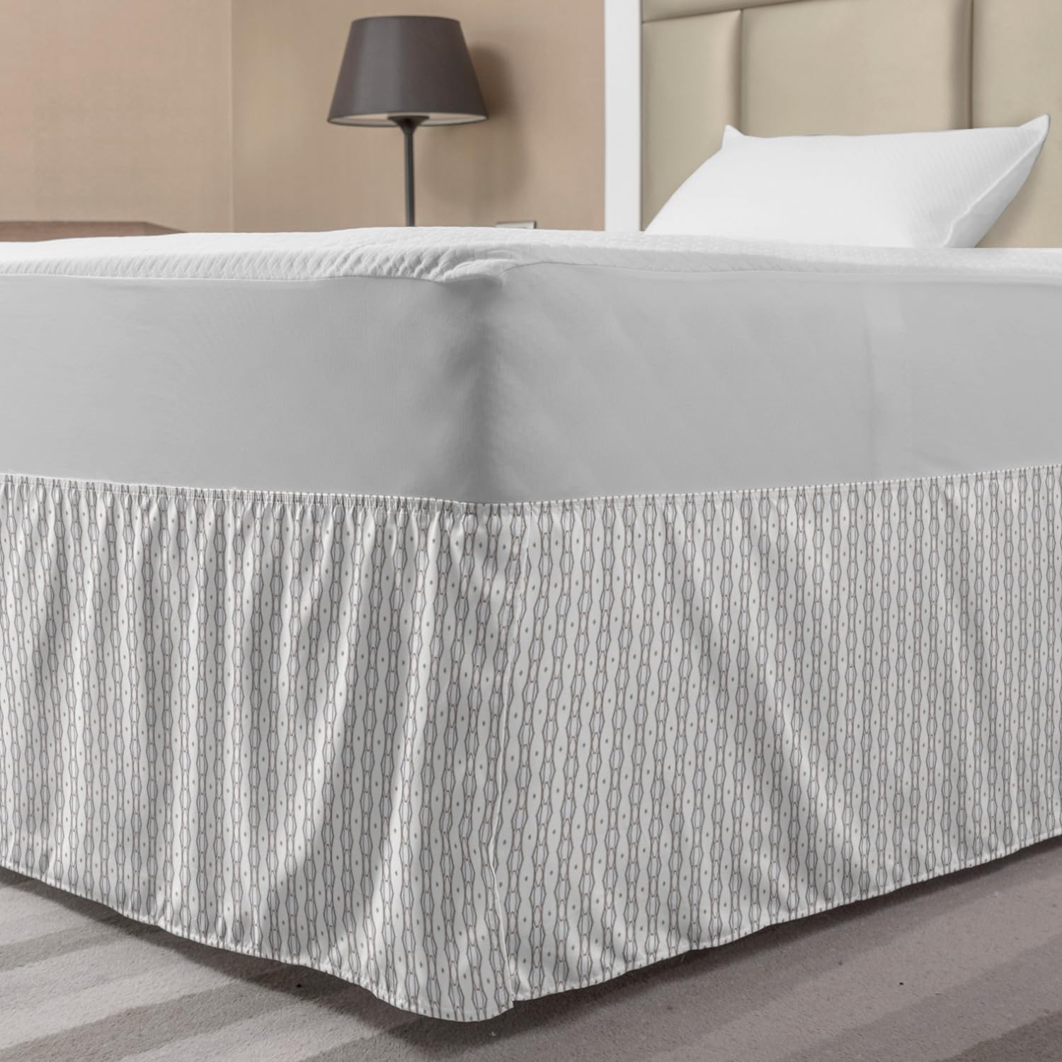Ambesonne Abstract Bed Skirt - Geometric Pattern Elastic Dust Ruffle Wrap Around Bedding Decor for Queen/King Size Beds | White & Dark Eggshell | Perfect for Modern Bedroom Decor & Guest Room Styling