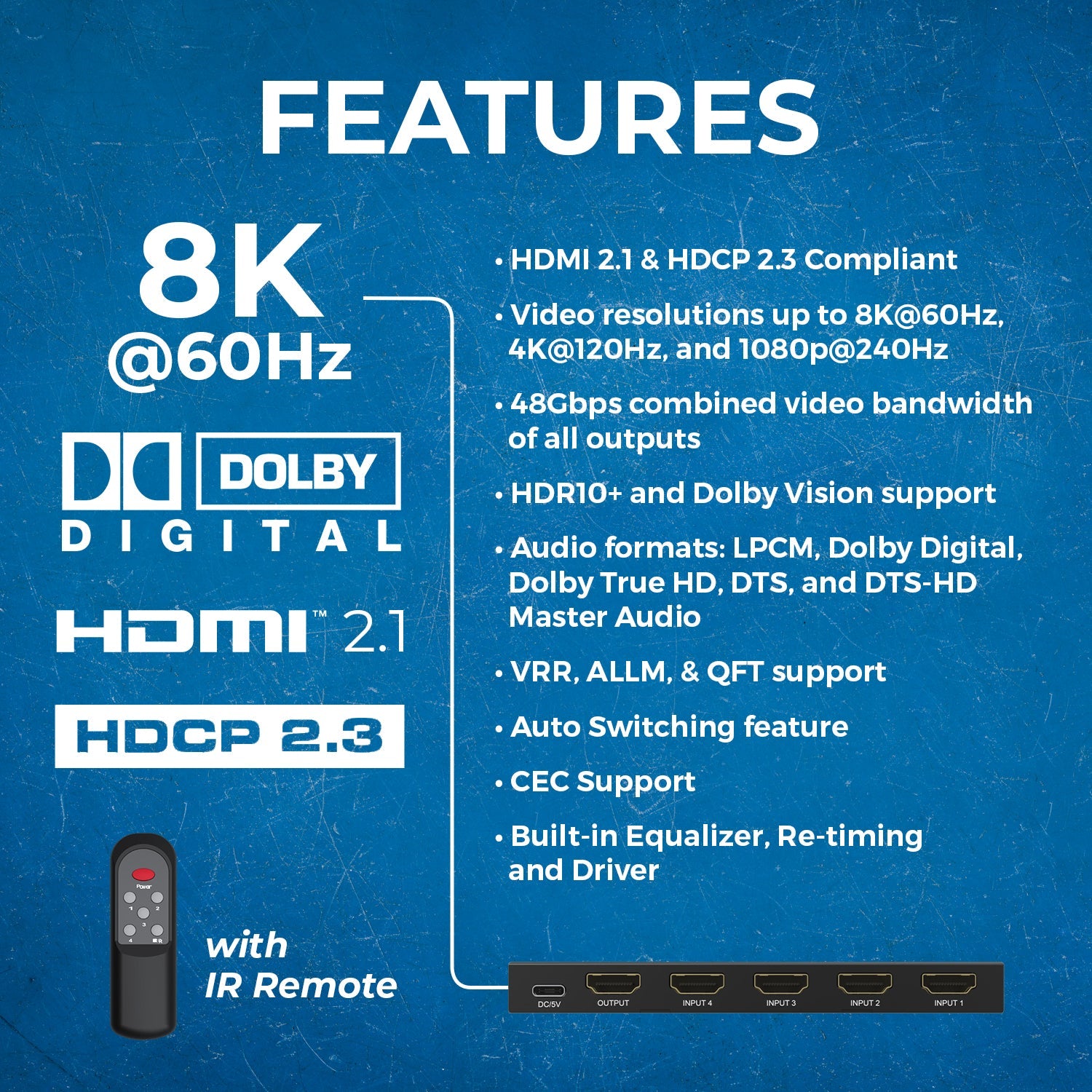 8K 4 In 1 Out HDMI Switch (BK 401S) - High Speed 4K@120Hz 8K@60Hz HDMI Switcher with Remote - Perfect for Home Theater, Gaming & Multi-Device Setup