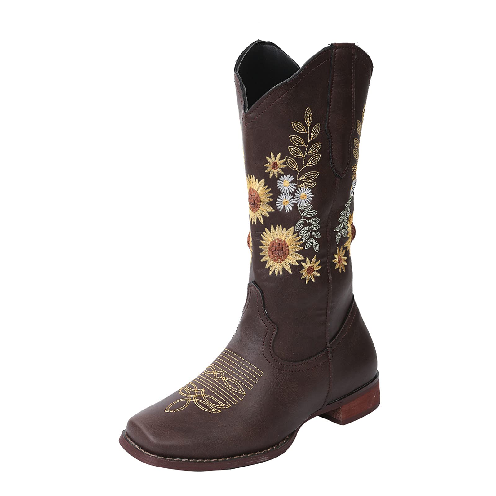 Vintage Embroidered Western Cowboy Boots for Women - Sunflower Design Cowgirl & Motorcycle Boots with Wide Calf Fit | Perfect for Country Dancing, Rodeo Events & Biker Fashion