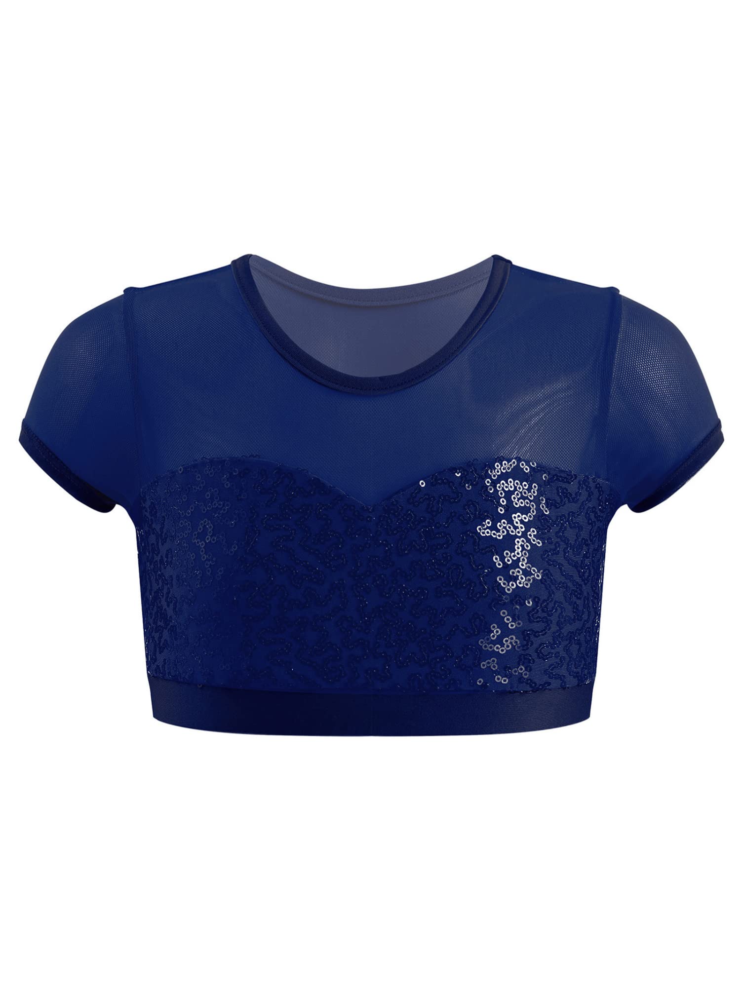 Aislor Girls Sparkly Sequins Fitness Crop Top - Cap Sleeve Keyhole Back Workout Shirt for Dance, Yoga & Gym | Breathable Sports Vest for Teens & Kids