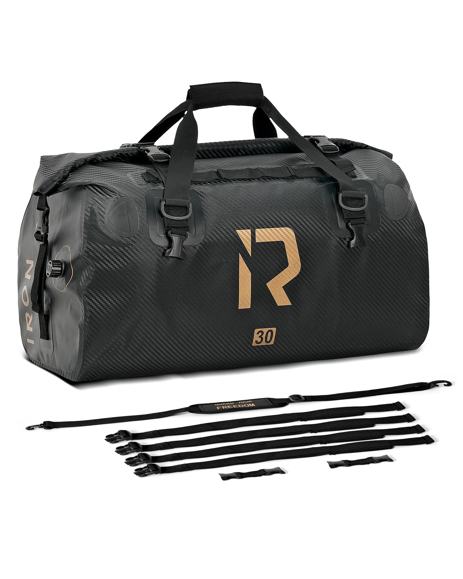 IRON JIA'S 30L Waterproof Motorcycle Dry Bag - Carbon Fiber Duffle & Luggage Tail Bag with Roll Top Closure, Shoulder Straps & Storage Pockets - Ideal for Motorcycle Travel, Camping & Outdoor Adventures