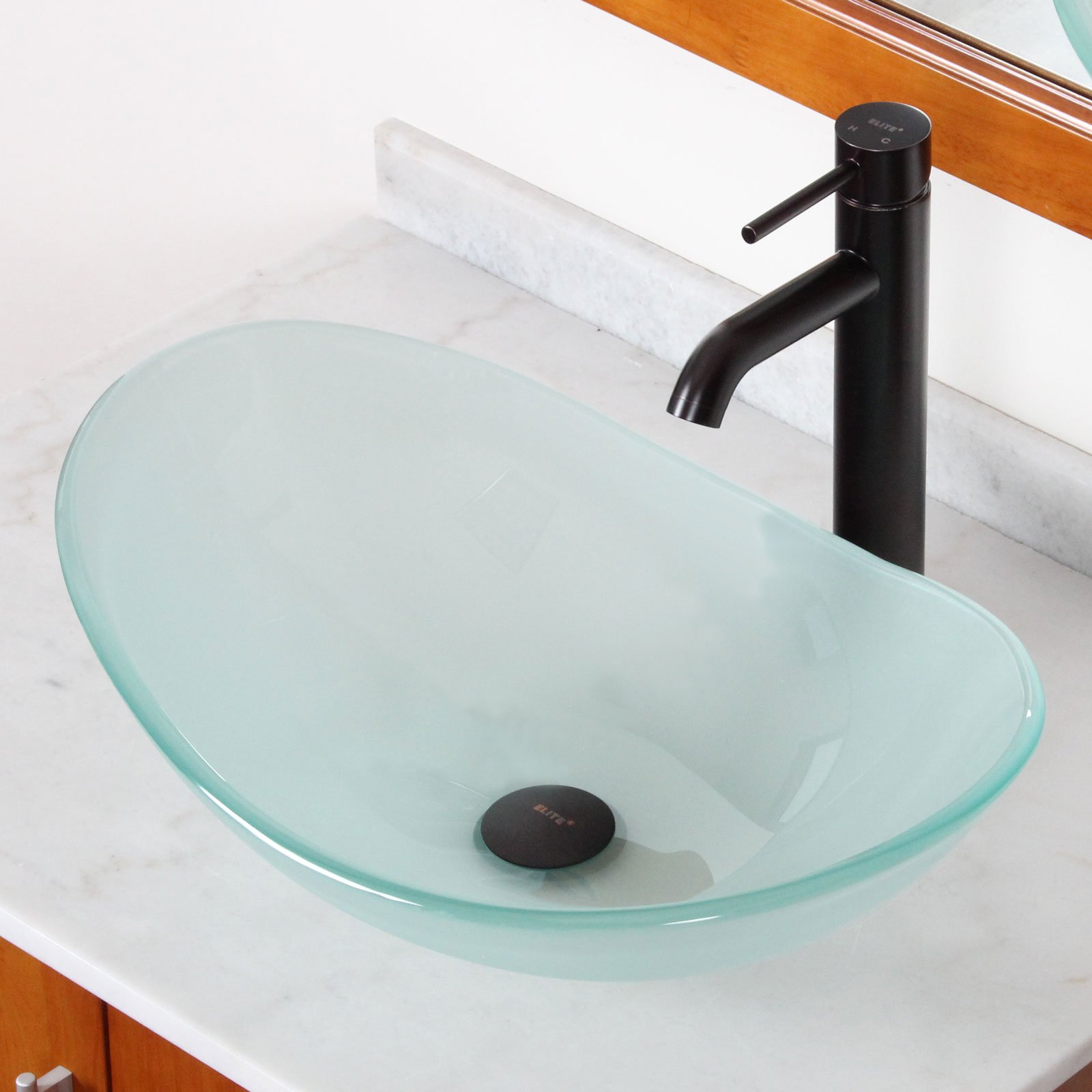 ELITE Modern Boat-Shaped Frosted Glass Vessel Sink with Oil-Rubbed Bronze Single Lever Faucet - Bathroom Vanity Set for Contemporary Home Decor | Perfect for Master Bath, Guest Bath & Powder Room Upgrades