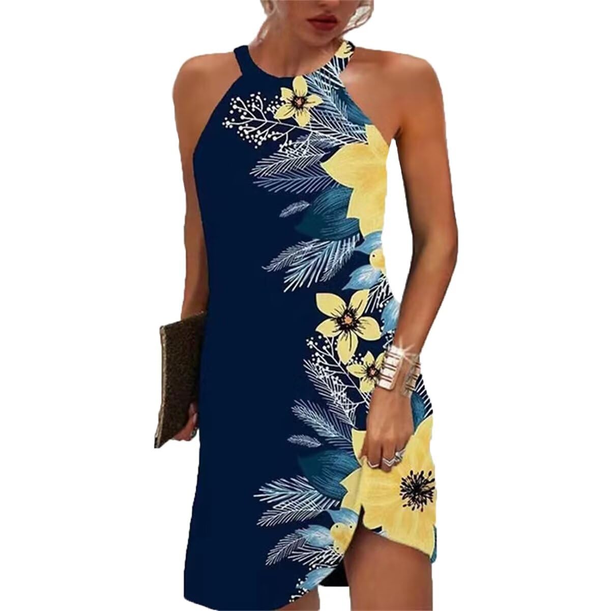 Beimuc Women's Summer Sleeveless Halter Neck Floral Print Dress - Casual Midi Sundress for Beach Vacation, Pool Party & Outdoor Date Night