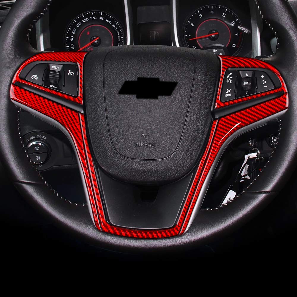 Premium Carbon Fiber Steering Wheel Button Stickers for 2012-2015 Chevrolet Camaro - Red Interior Trim Decals | Easy Installation & Anti-Slip Grip | Perfect for Car Enthusiasts & Customization Lovers