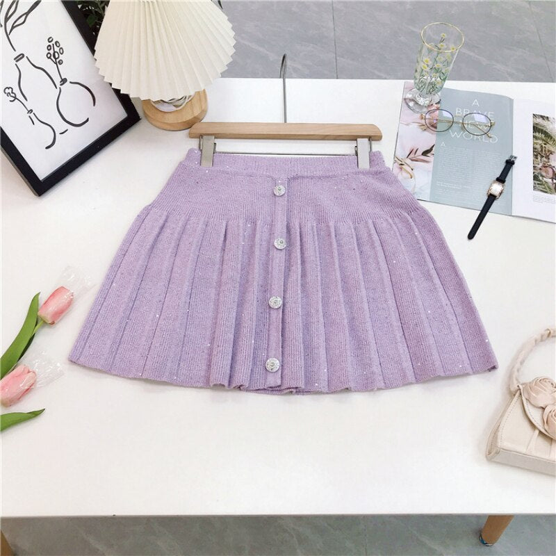 Embellished Cropped Pink Knit Cardigan & Sequin Pleated A-Line Mini Skirt Set - Women's Autumn Fashion Outfit for Party, Date Night, and Casual Wear