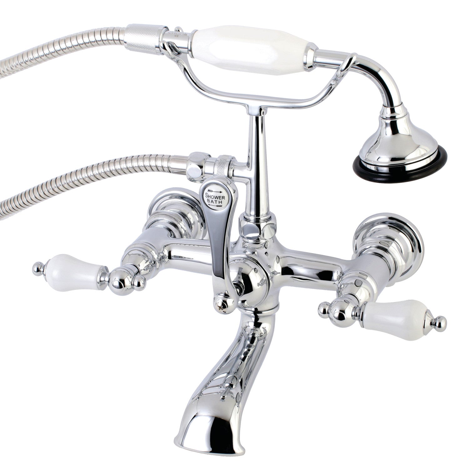 Vintage Style 3-Handle 2-Hole Wall Mount Clawfoot Bathtub Faucet with Hand Shower in Polished Chrome - Perfect for Classic Bathroom Renovations & Spa-Like Showers