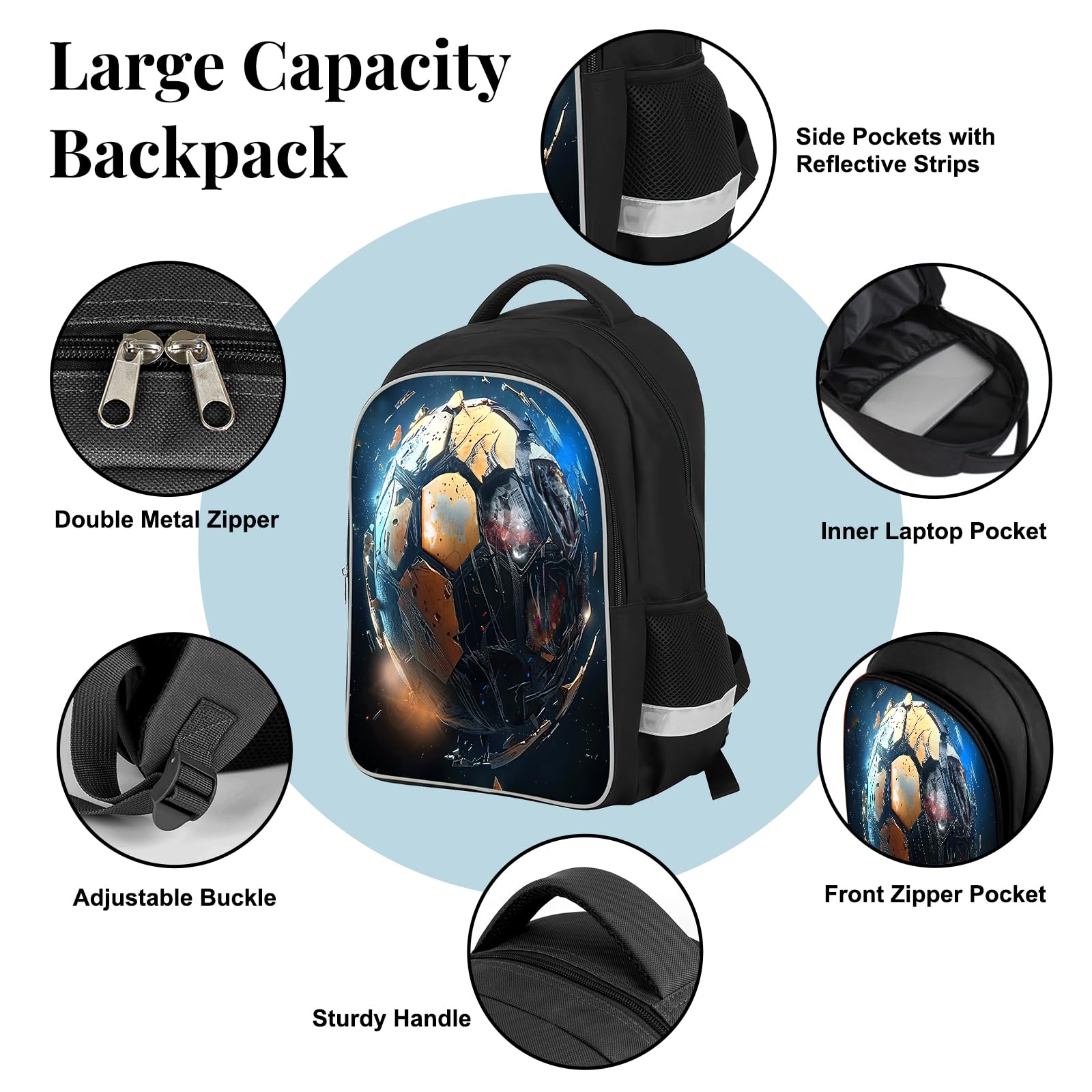 **Kids Soccer Print Backpack - Lightweight Waterproof School Bookbag with Side Pocket, Laptop Compartment - Perfect for School, Travel & Sports Gifts**
