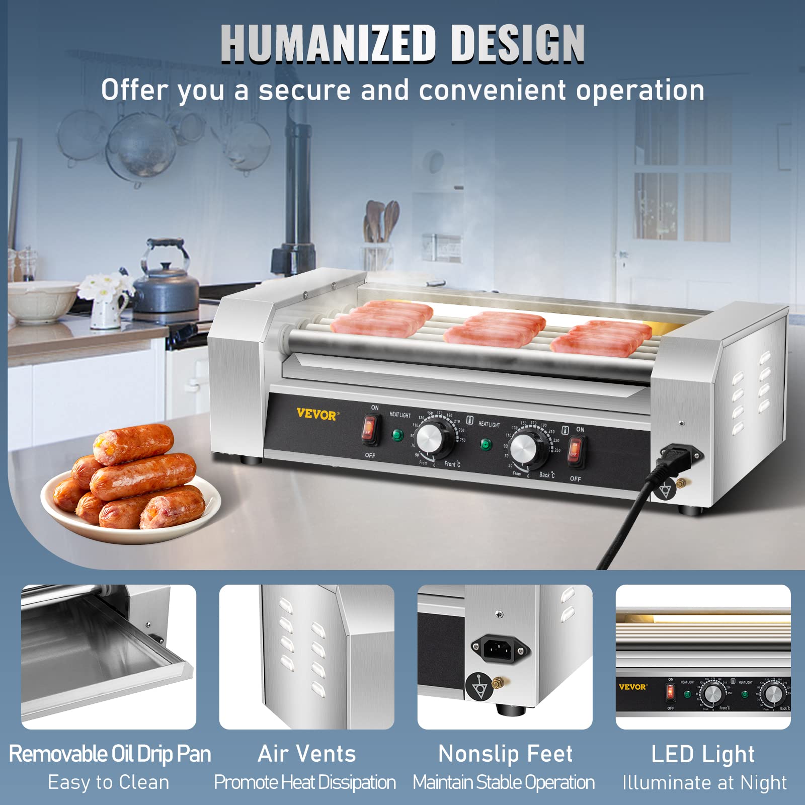 VEVOR Commercial Hot Dog Roller Machine - 12 Hot Dog Capacity, 5 Stainless Steel Rollers, 750W Sausage Grill Cooker with Dual Temperature Control, LED Light & Detachable Drip Tray - Perfect for Restaurants, Food Trucks, and Home Kitchens