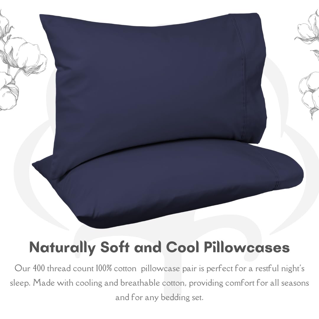 Premium 100% Long Staple Combed Cotton Pillowcases - Cooling Standard Size 20x40 Inches (Set of 2) - Navy Blue Solid with 4-Inch Hem - Breathable & Hypoallergenic for Better Sleep - Perfect for Bedroom, Hotel, and Travel Use