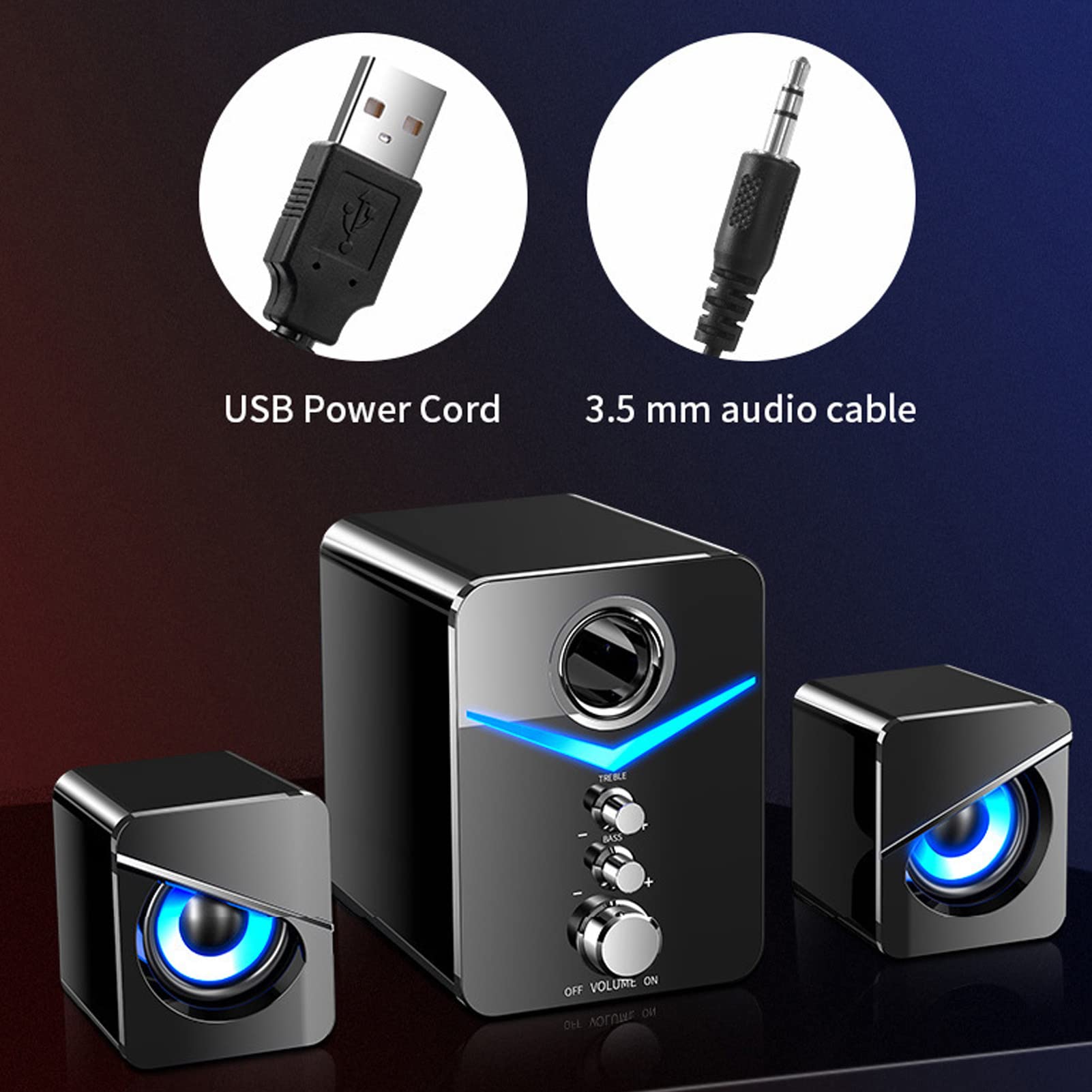 Premium 2.1 Channel Bluetooth Computer Speaker with Deep Bass - Mini Desktop Speaker for PC, Laptop & Phone - 3W LED Wired Speakers (Black LR063682) - Perfect for Home Office, Wedding Parties & Gaming Setups