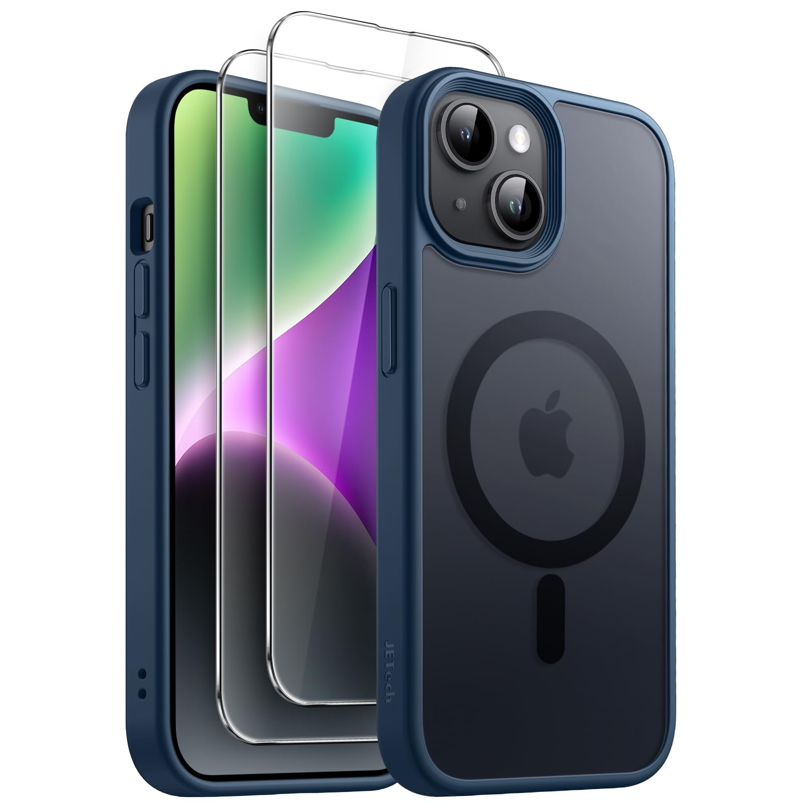 JETech 3 in 1 Magnetic Case for iPhone 14 Plus 6.7-Inch | Shockproof Translucent Matte Cover with 2 Pack Tempered Glass Screen Protectors | Magsafe Compatible Phone Case (Storm Blue) | Perfect for Work, Travel & Everyday Protection