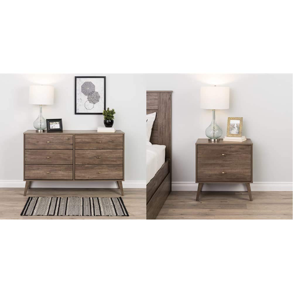 Mid Century Modern Dresser & Nightstand Set - 6-Drawer Dresser & 2-Drawer Nightstand in Drifted Gray - Prepac Milo Collection - Perfect for Bedroom Furniture & Home Decor