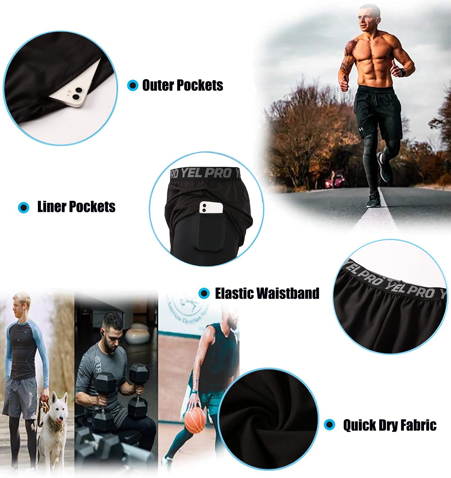 Queerier Men's 2-in-1 Running Shorts with Pockets - Gym Compression Tights & Training Sweatpants for Workout & Jogging | Moisture-Wicking Athletic Leggings for Men's Fitness & Outdoor Activities