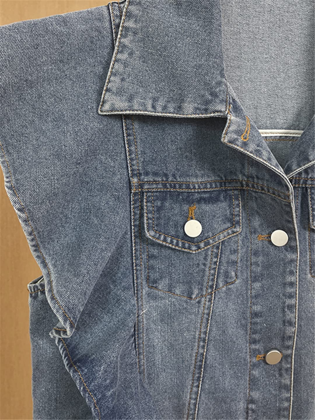 Women's Denim Vest with Turn-Down Collar & Patchwork Details - Single Breasted Jacket with Ruched Pockets | Casual Outfits, Layering Piece for Spring/Fall Fashion
