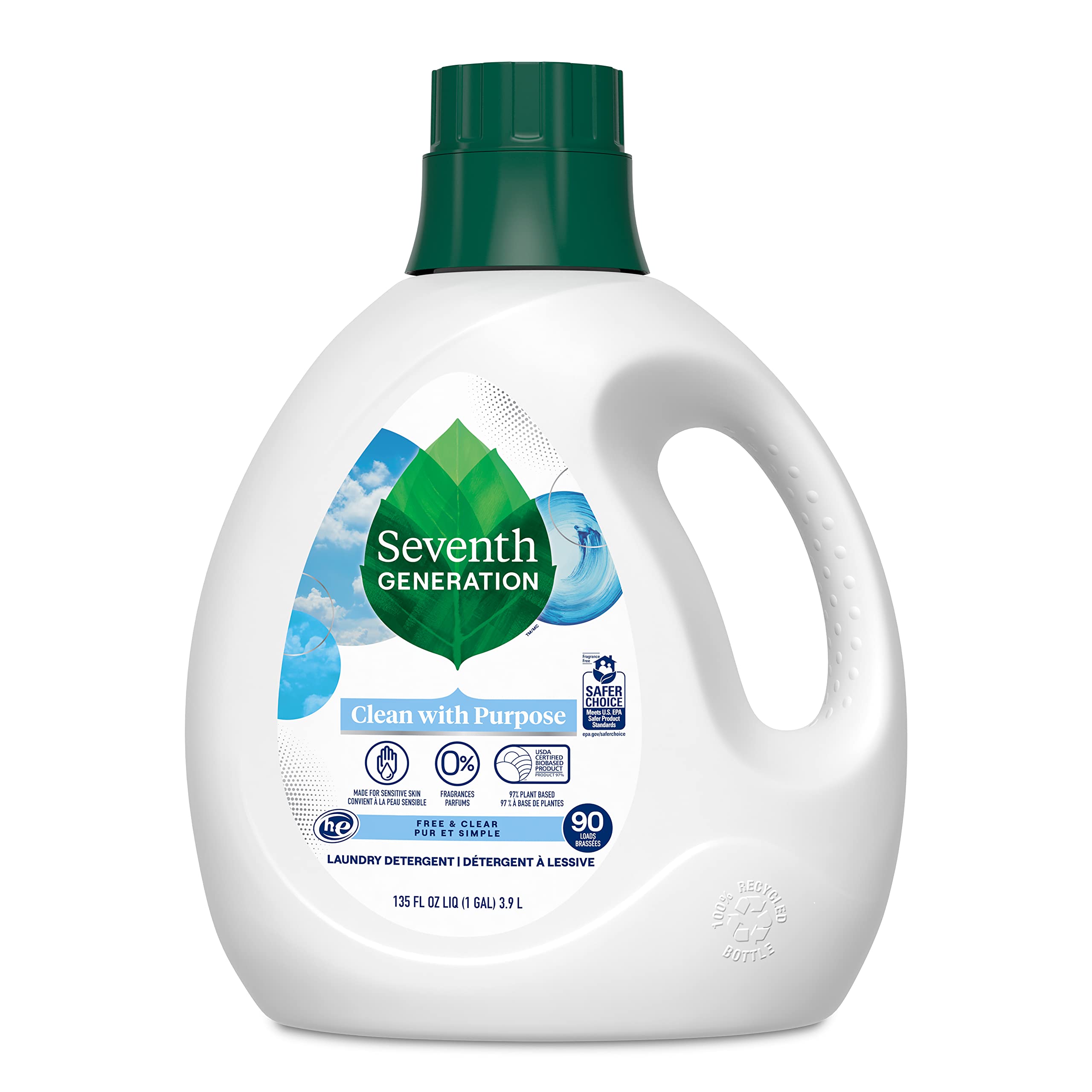 Seventh Generation Free & Clear Liquid Laundry Detergent - 135 oz | Hypoallergenic, Eco-Friendly Laundry Soap for Sensitive Skin | Perfect for Baby Clothes, Workout Gear & Everyday Laundry
