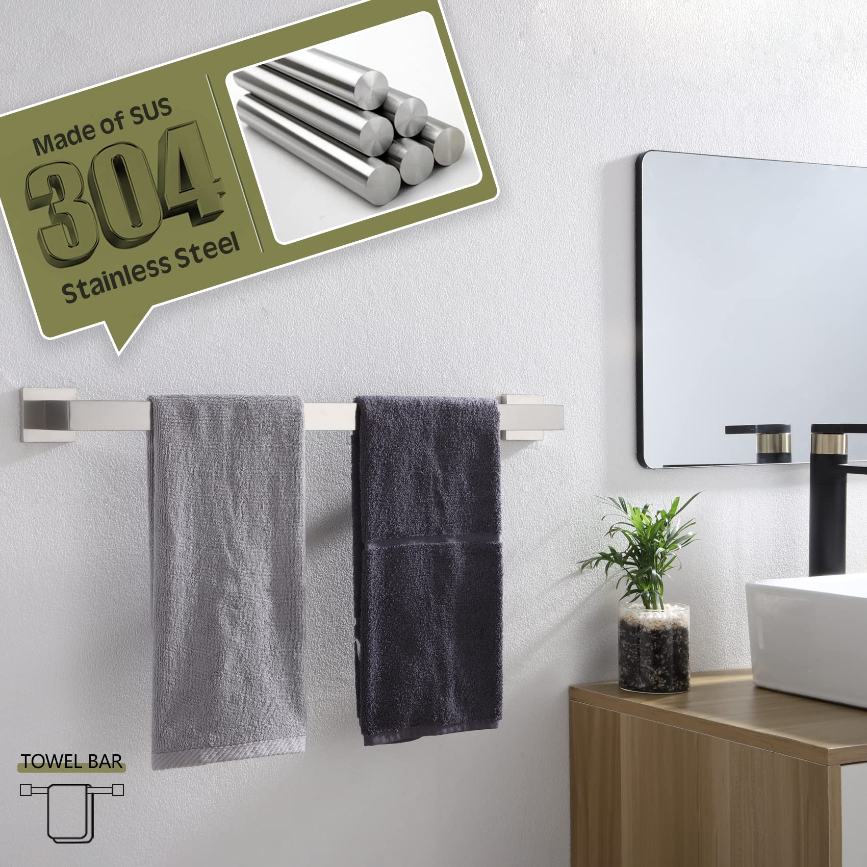 KOKOSIRI 20-Inch Stainless Steel Towel Bar - Brushed Nickel Wall Mounted Bathroom Towel Holder for Bath, Robe & Coat - Durable 304 SUS Square Hook - Perfect for Bathrooms, Laundry Rooms & Spa Areas