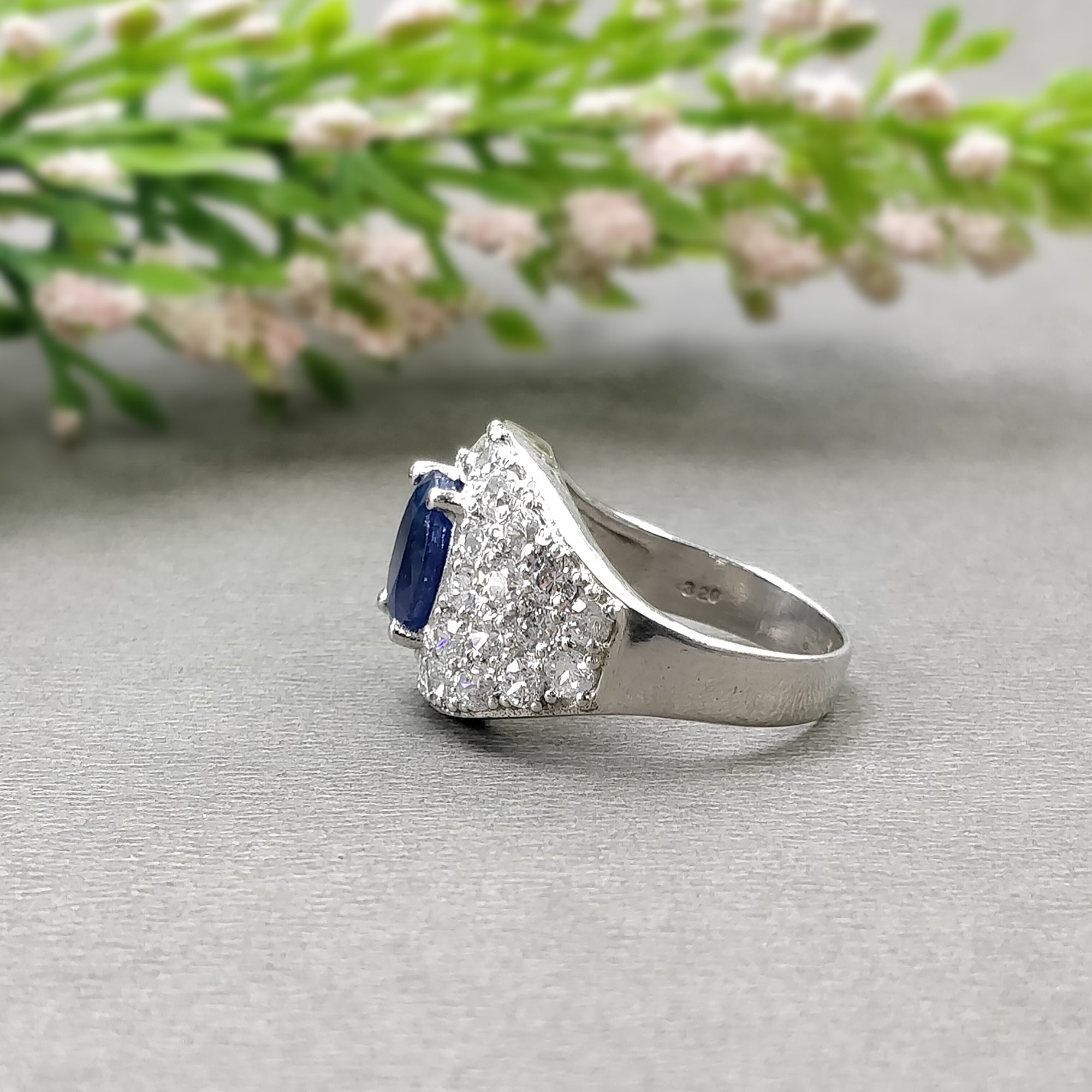 925 Sterling Silver Ring with Natural Blue Sapphire & CZ Stones - Round Brilliant Cut Prong Setting - Unisex Statement Jewelry - Size 6.75 US - Perfect for Engagement, Wedding & Everyday Elegance