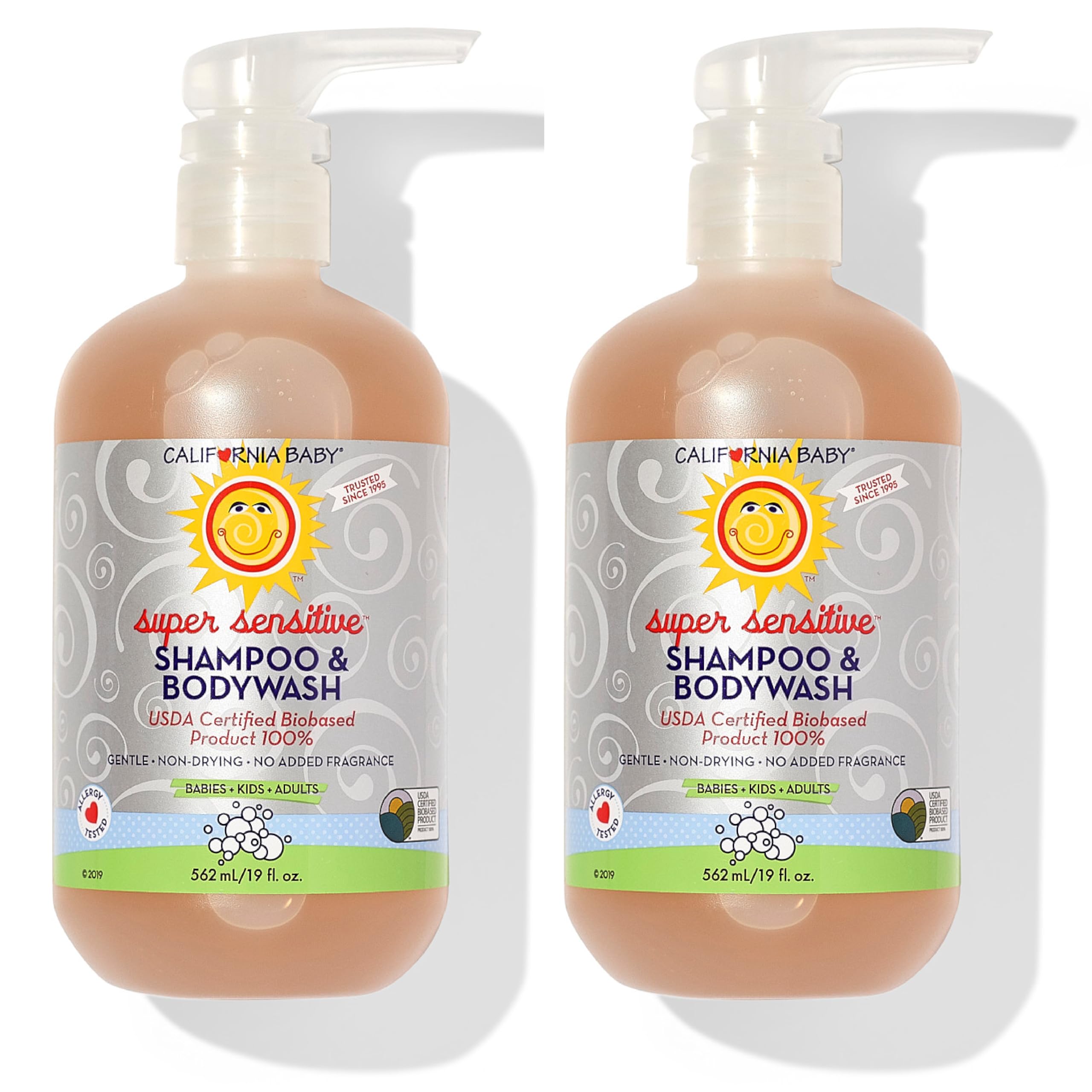 California Baby Super Sensitive Shampoo & Body Wash - 100% Plant-Based, Fragrance Free, Hypoallergenic Formula for Delicate Skin - 19oz Twin Pack - Perfect for Newborns, Eczema & Allergy-Prone Babies - Gentle Daily Bath & Sensitive Skin Care