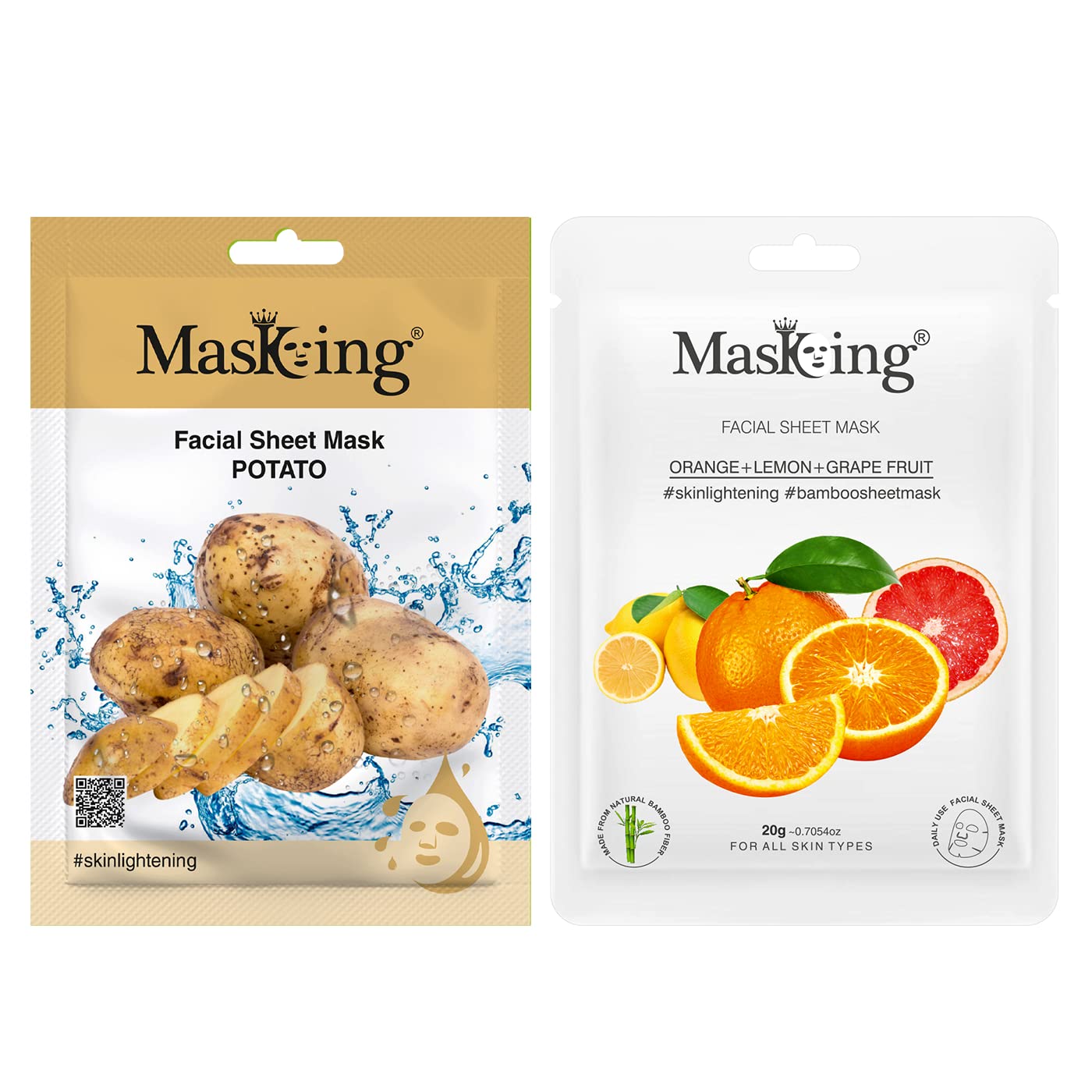Potato Brightening Facial Sheet Mask & Bamboo Citrus Facial Sheet Mask (20g Each) - Hydrating & Revitalizing for Women & Men - Perfect for Daily Skincare & Spa Nights (Combo Pack of 2)