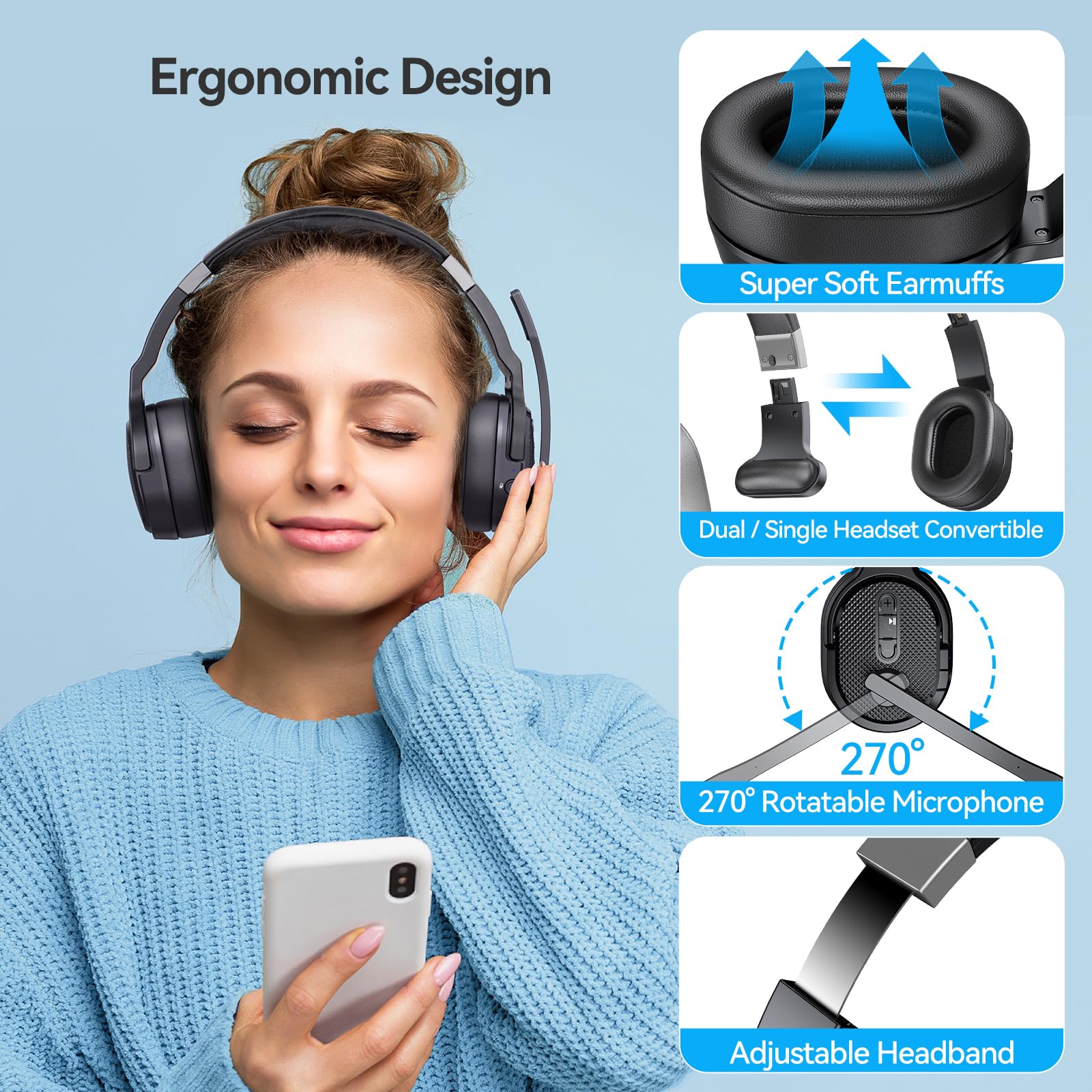 TECKNET Bluetooth Trucker Headset - 40Hrs Battery Life, Wireless Headset with Noise Cancelling Mic & 3 EQ Modes for PC, Drivers, Office & Call Center | Perfect for Long Work Shifts, Hands-Free Calls & Clear Audio in Noisy Environments
