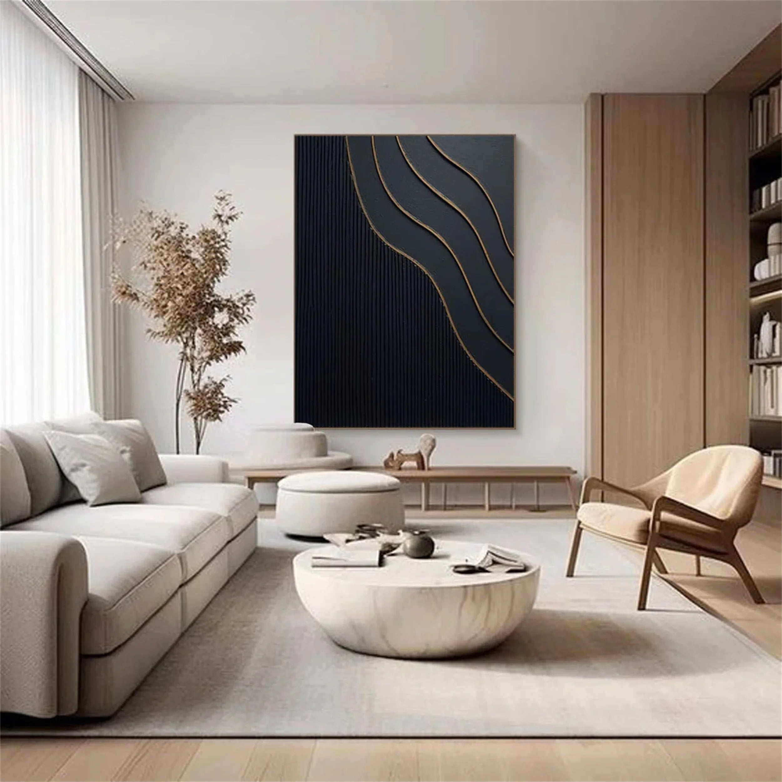 Black Gold Minimalist Textured Wall Art Painting - Modern Abstract Canvas Decor for Living Room, Bedroom & Office | #MZ087