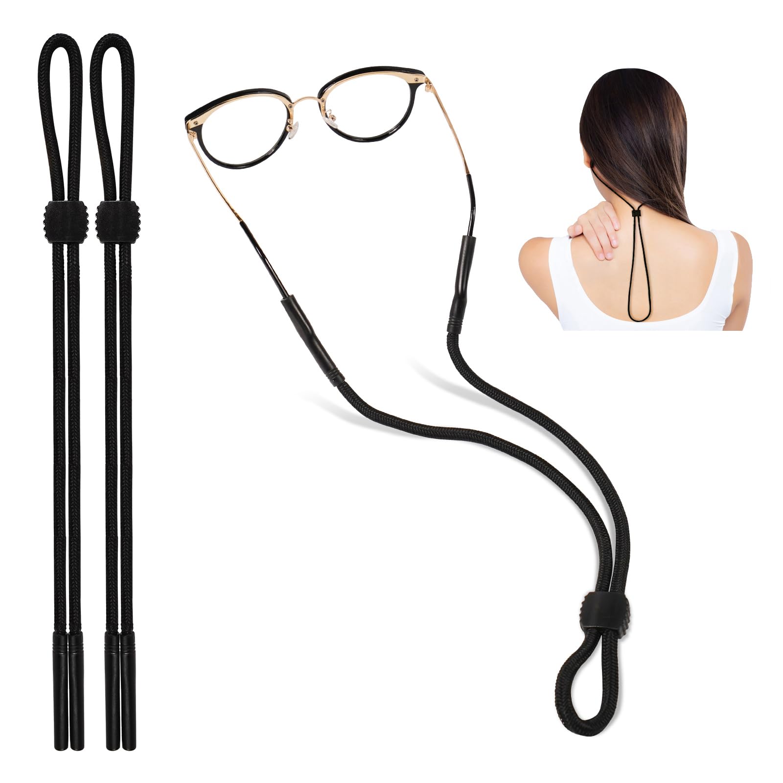 Premium 2-Pack Glasses Strap for Men & Women - Fashionable Sunglasses Holder for Sports & Outdoor Activities - Elegant Black Eyeglass Neck Strap for Running, Hiking, Fishing & Beach Use