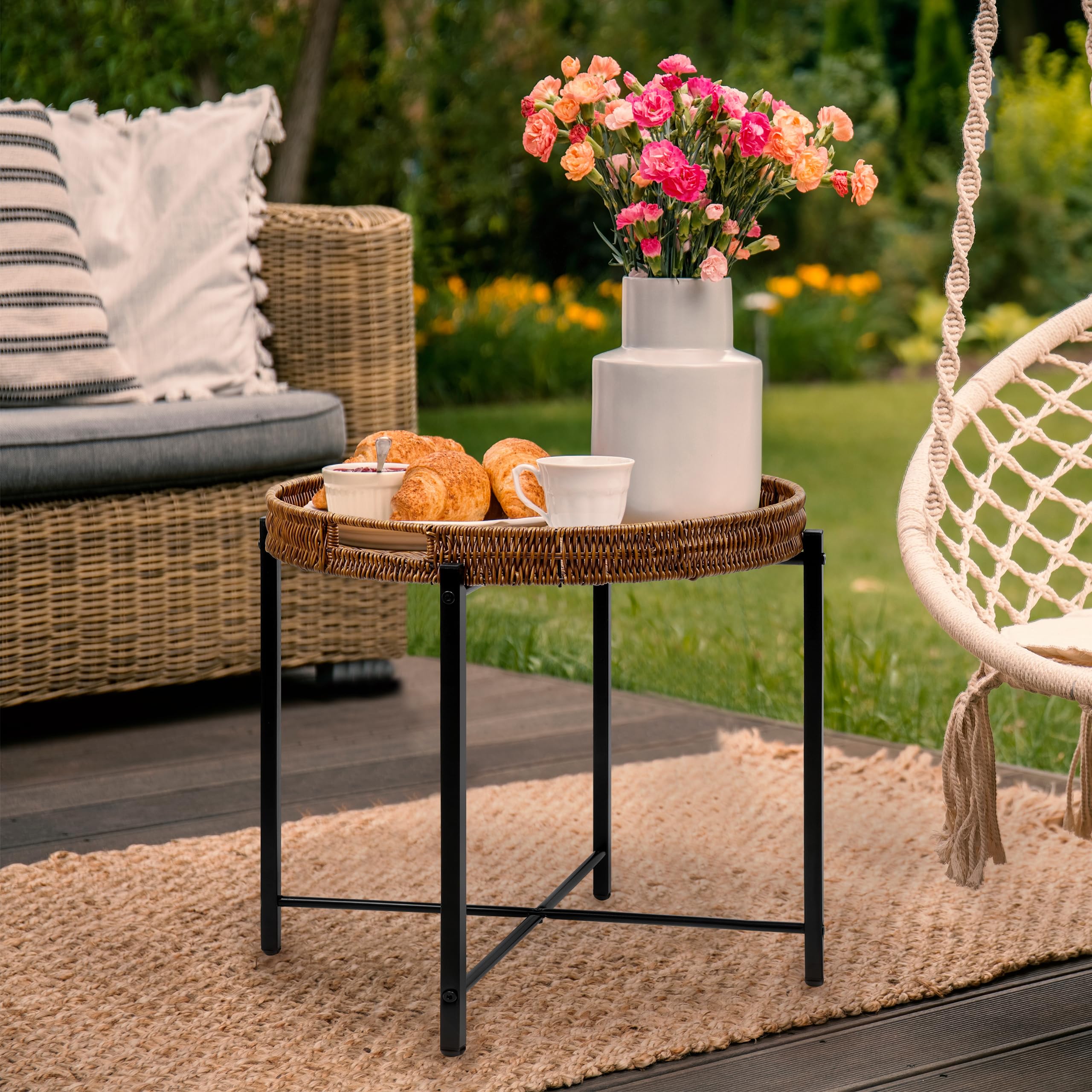 Brown Small Round Rattan End Table - 19 Inch Wicker Side Table for Sofa, Indoor & Outdoor Use - Perfect for Patio, Living Room, Bedroom, and Office Decor