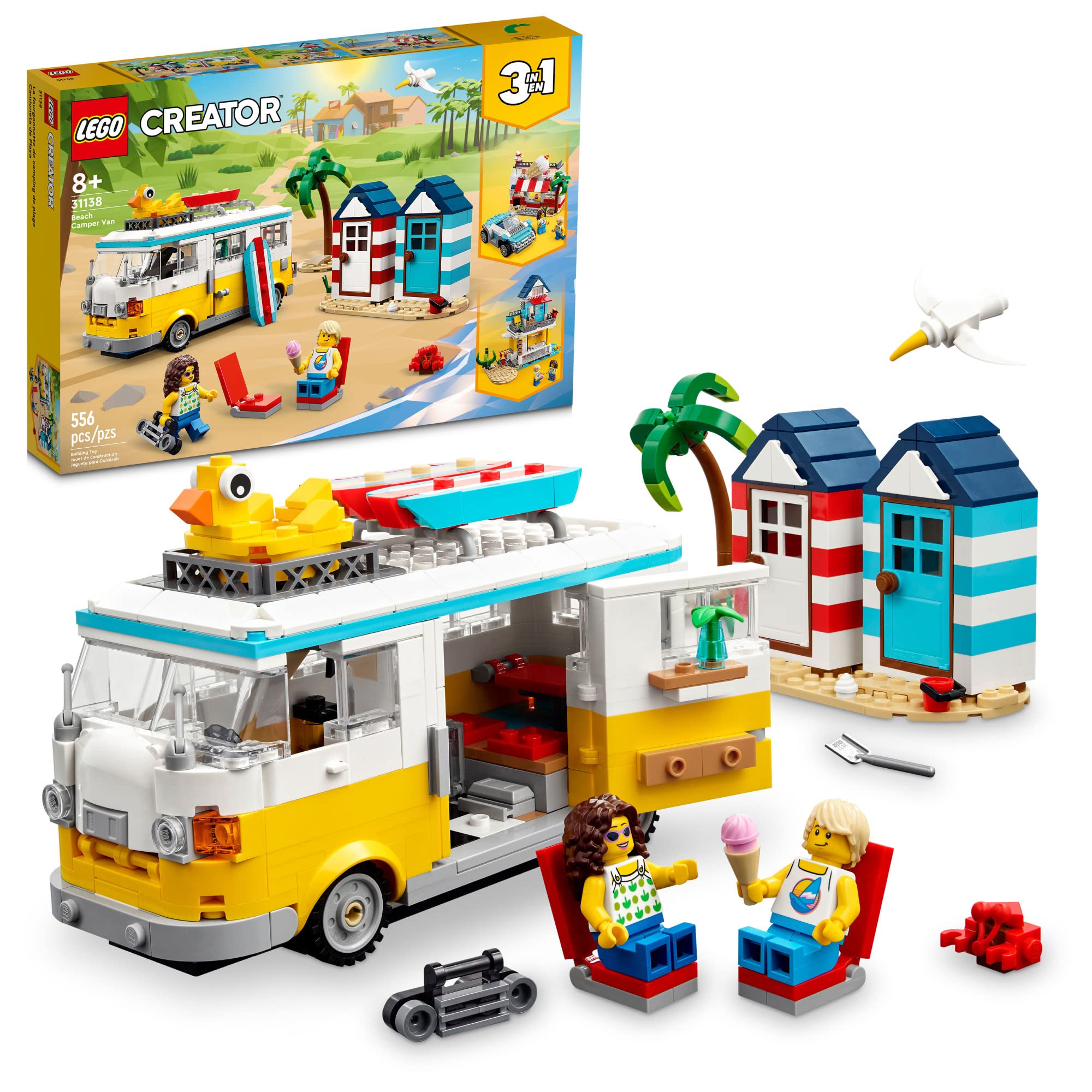 LEGO Creator 3-in-1 Beach Camper Van Building Kit - Transforms into Ice Cream Shop & Beach House | Creative Building Toy for Kids | Perfect Gift for Boys & Girls Who Love Surfing & Beach Pretend Play | Great for Birthday, Christmas & Summer Vacation Activities (Set 31138)
