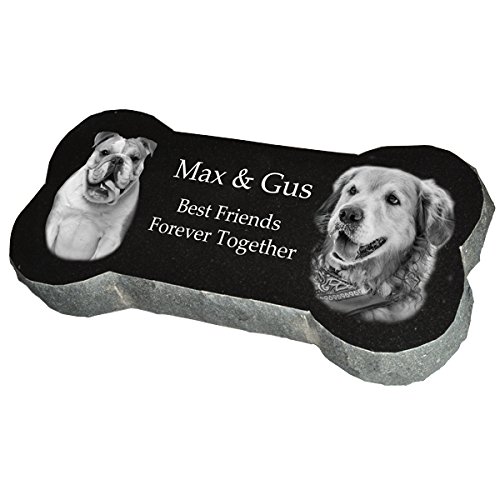 Personalized Engraved Granite Dog Bone Pet Memorial Marker with Two Photos - Small Custom Pet Grave Marker for Backyard, Garden, or Cemetery
