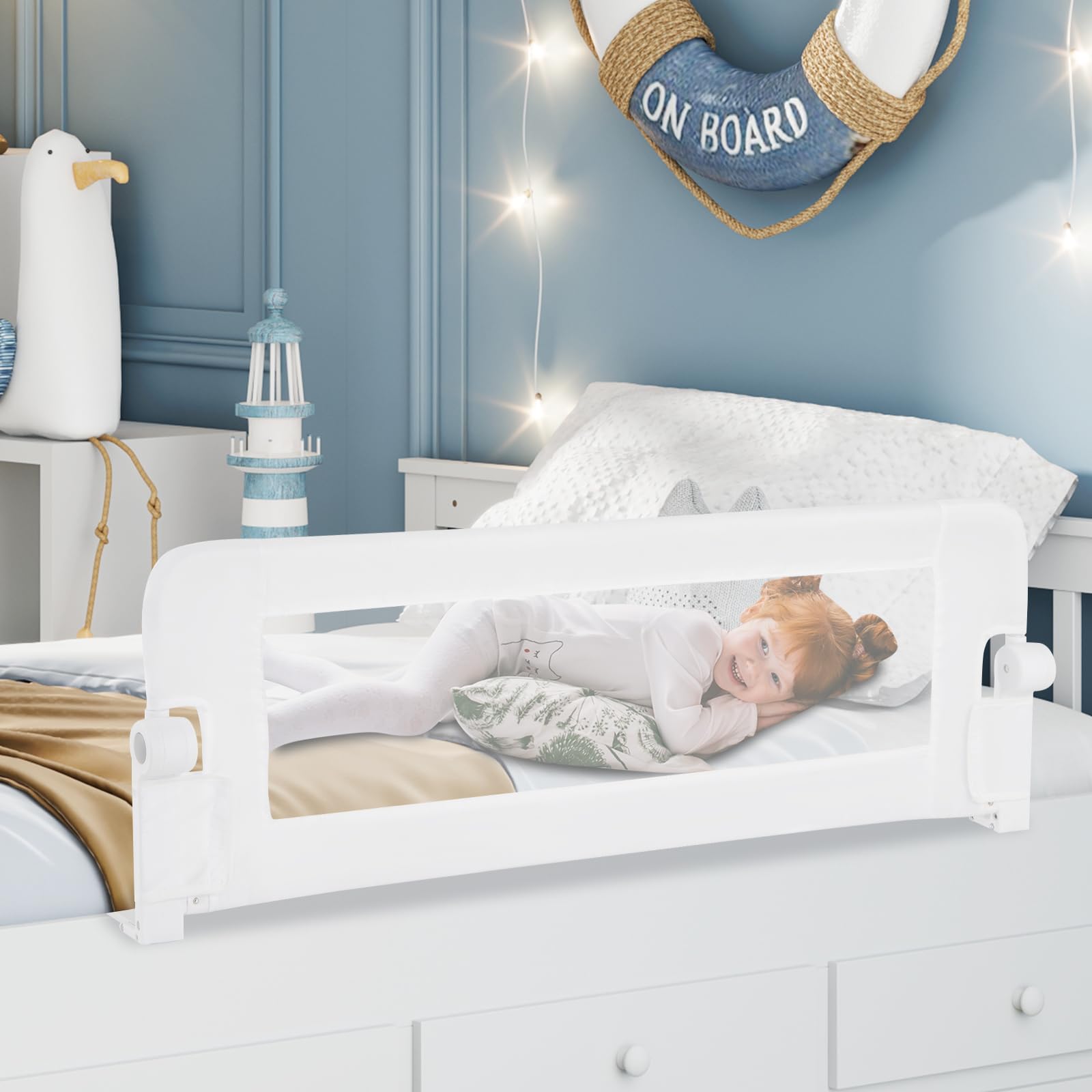 HONEY JOY Extra Long Foldable Portable Swing Down Safety Bed Rail for Toddlers - 47 Inch White Bed Guard Rail for Crib, Twin, Full, Queen & King Size Mattresses - Perfect for Travel, Home & Child Safety (1 Pack)