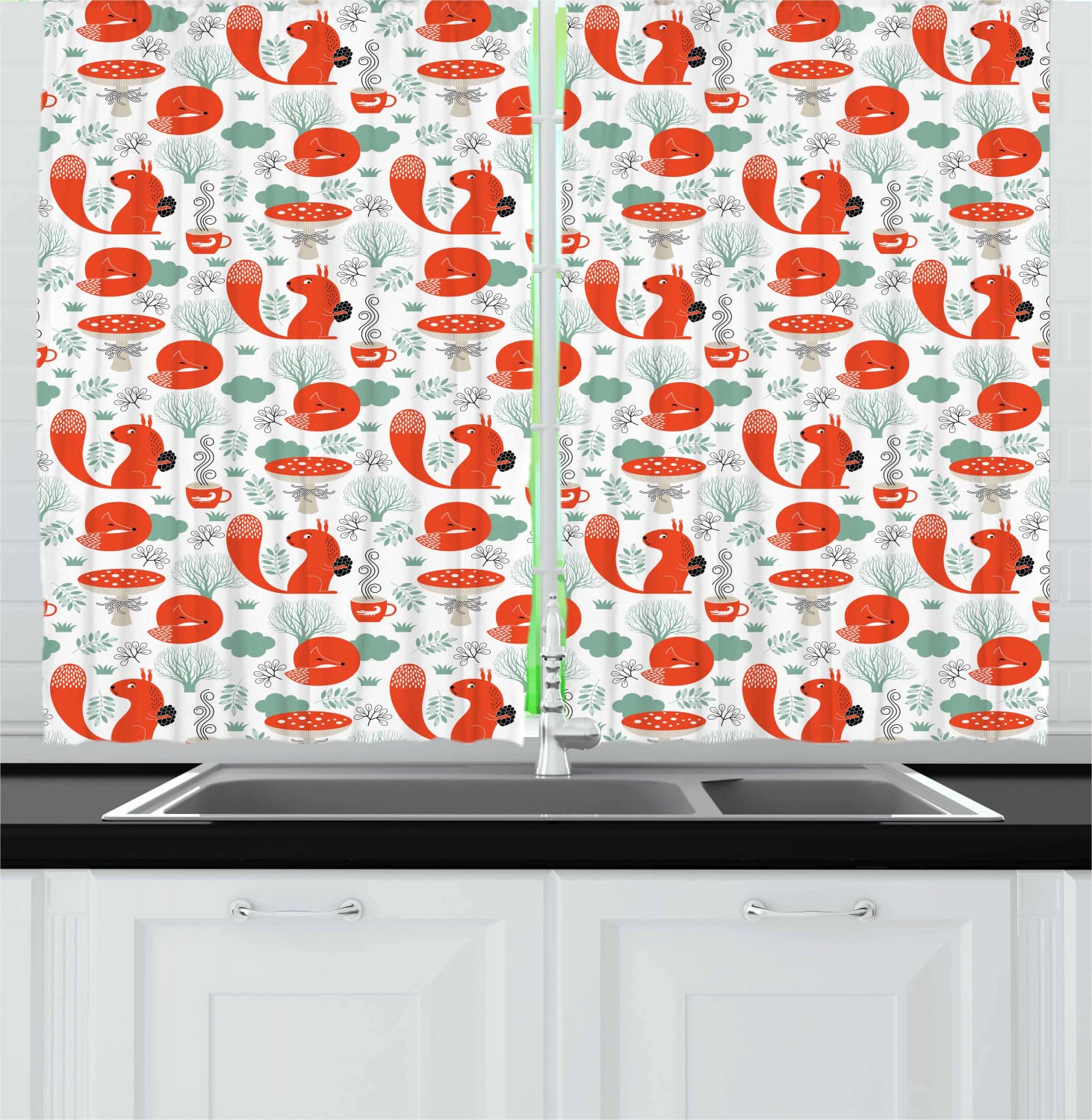 Ambesonne Fox Long Kitchen Curtains - Small Forest Animal Print with Leaves & Mushrooms, Winter Nature Theme, 2 Panel Rod Pocket Drapes for Living Room Bedroom Decor, 55