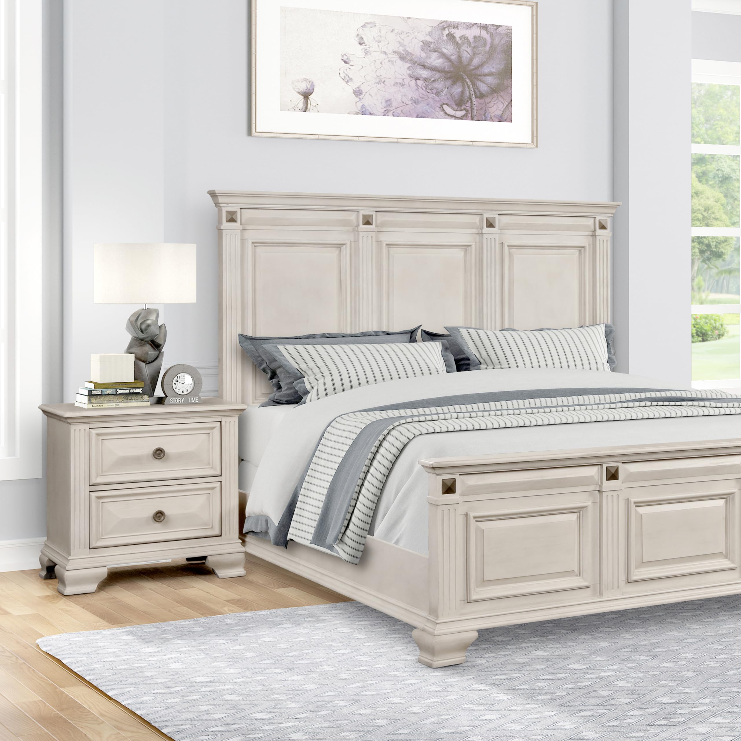 Roundhill Furniture Renova 3-Piece King Bedroom Set with Bed & 2 Nightstands in Distressed Silver Parchment - Modern Bedroom Furniture for Master Suite & Guest Room Decor