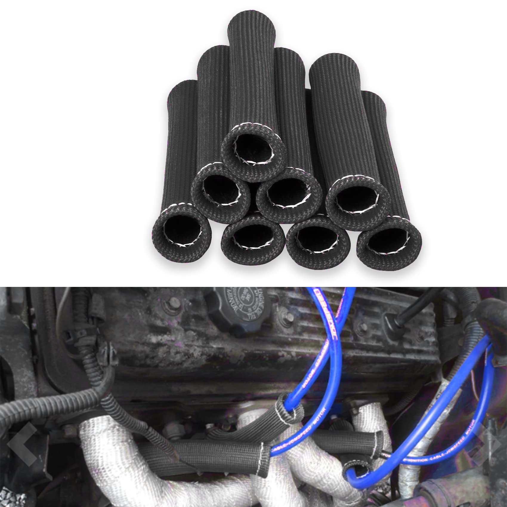 8Pcs High-Temperature Spark Plug Wire Boots Heat Shield Protector Sleeve - 1200°F Heat Resistant Cover for Car & Truck Engines - 6 Inch Black Insulator Sleeve for Improved Performance & Durability - Ideal for Racing, Off-Roading & High-Performance Vehicles