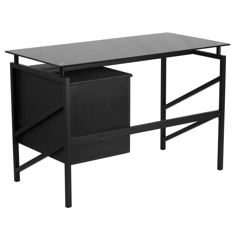 Flash Furniture Singleton Glass Desk with Two Drawer Pedestal - Black Modern Office Desk for Home & Office Workspace - Perfect for Small Spaces & Contemporary Decor