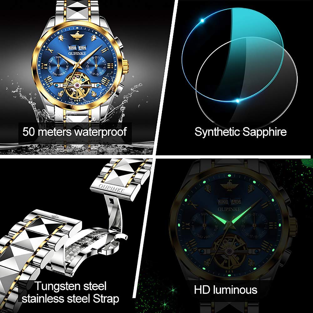 OUPINKE Men's Automatic Skeleton Mechanical Watch - Self-Winding Hollow Design, Sapphire Crystal, 50M Waterproof, Tungsten Steel Case - Perfect for Business, Formal & Casual Wear
