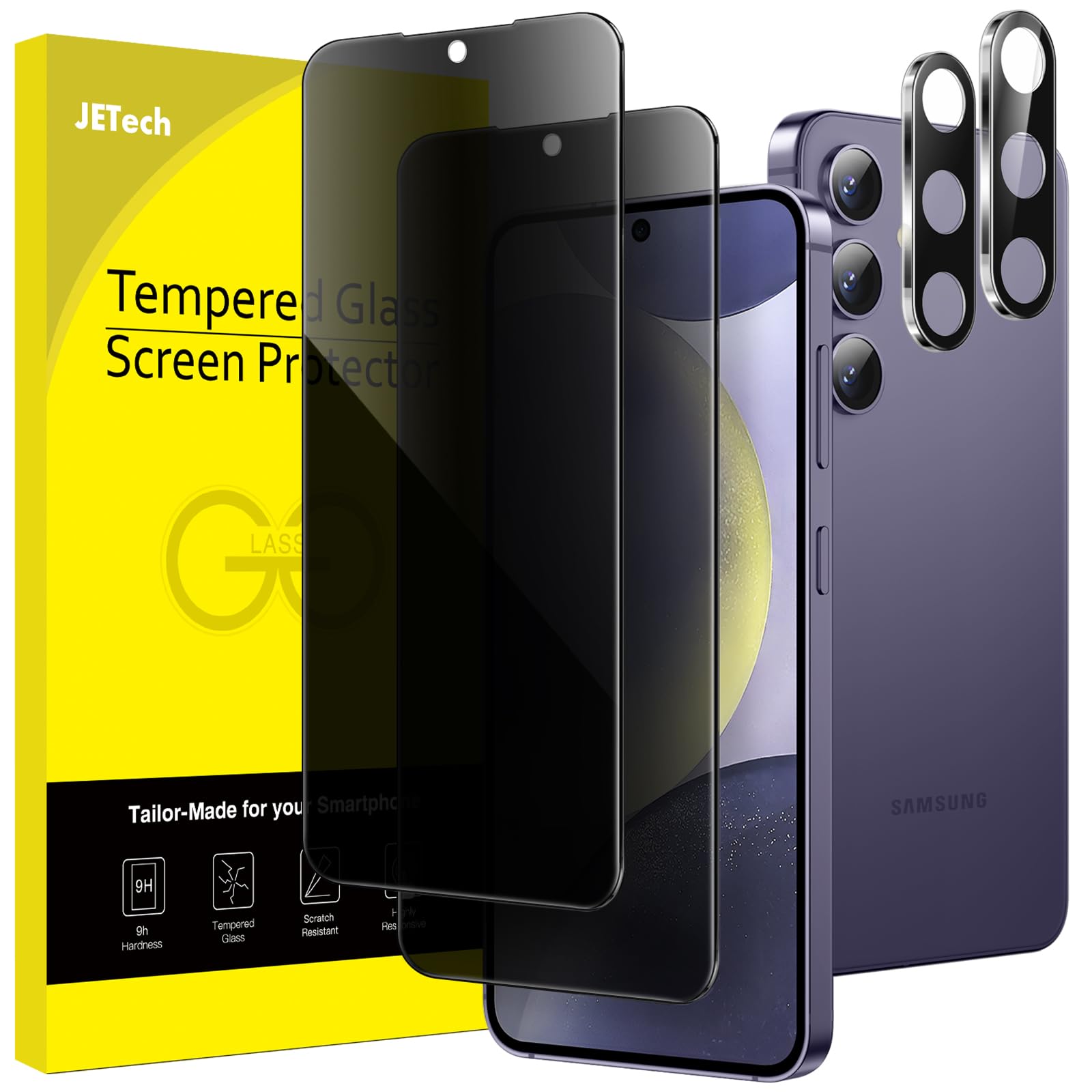 JETech Privacy Screen Protector for Samsung Galaxy S24+ / S24 Plus 5G 6.7-Inch - Anti-Spy Tempered Glass with Camera Lens Protector, Fingerprint ID Compatible, 2-Pack - Perfect for Office, Travel, and Secure Mobile Use