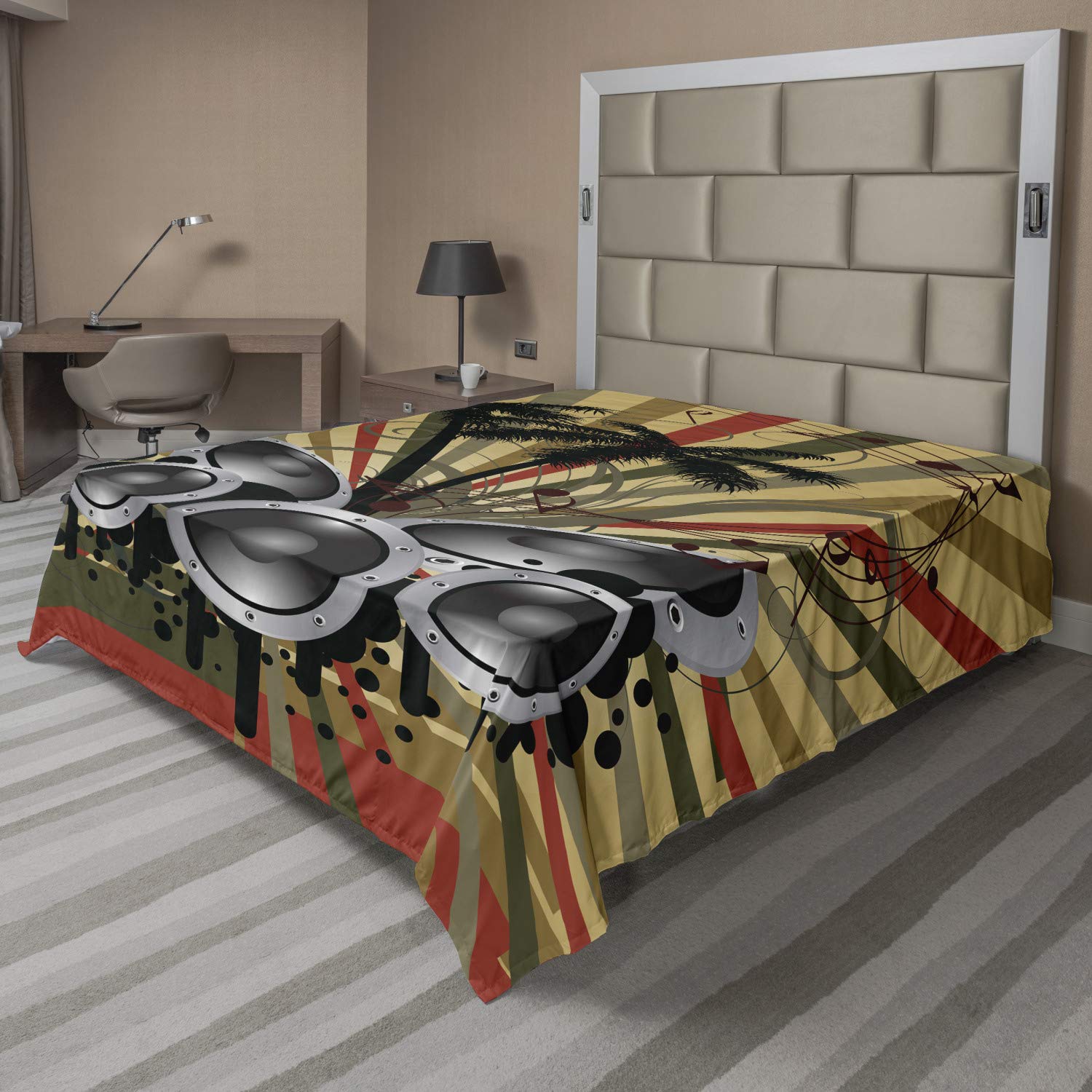 Ambesonne Modern King Size Flat Sheet - Soft Comfortable Palm Trees Striped Ombre Design with Music Loudspeaker Art Print | Decorative Bedding for Master Bedroom, Guest Room or Vacation Home (Hunter Green & Black)