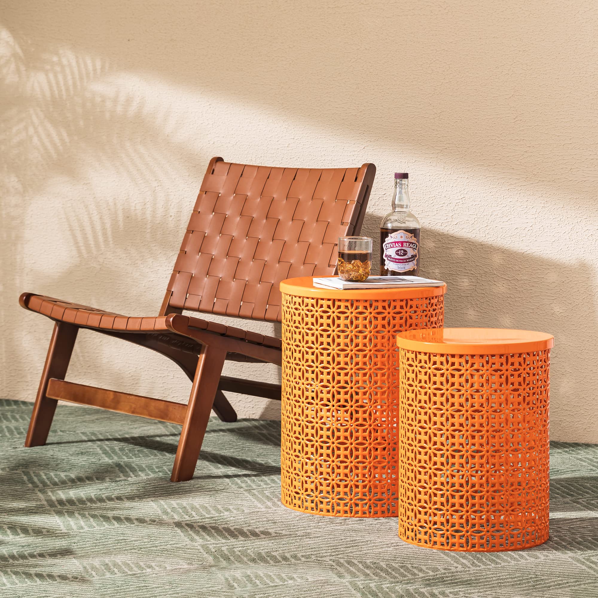 Glitzhome 2-Piece Outdoor Side Table Set - Heavy Duty Metal Frame Garden Stool for Indoor & Outdoor Use - Modern Glossy Orange Accent End Tables - Perfect for Patio, Deck, Balcony & Living Room Decor
