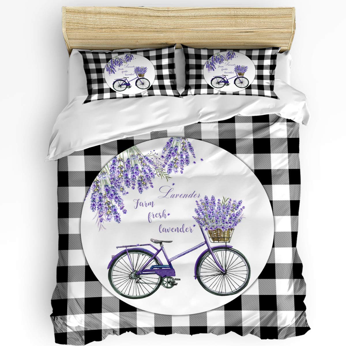 3Pcs Modern Duvet Cover Set - 1 Duvet Cover & 2 Pillowcases in Farm Fresh Lavender Black & White Buffalo Plaid - California King Size Soft Durable Bedding Set with Zipper Closure & Corner Ties - Perfect for Farmhouse, Rustic & Modern Bedroom Decor