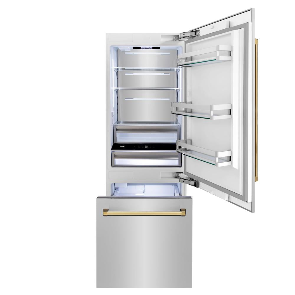 ZLINE Autograph Edition 30-inch 16.1 cu. ft. Built-In Bottom Freezer Refrigerator with Water Dispenser & Ice Maker - Stainless Steel with Polished Gold Accents (RBIVZ 304 30 G) - Perfect for Modern Kitchens & Luxury Homes