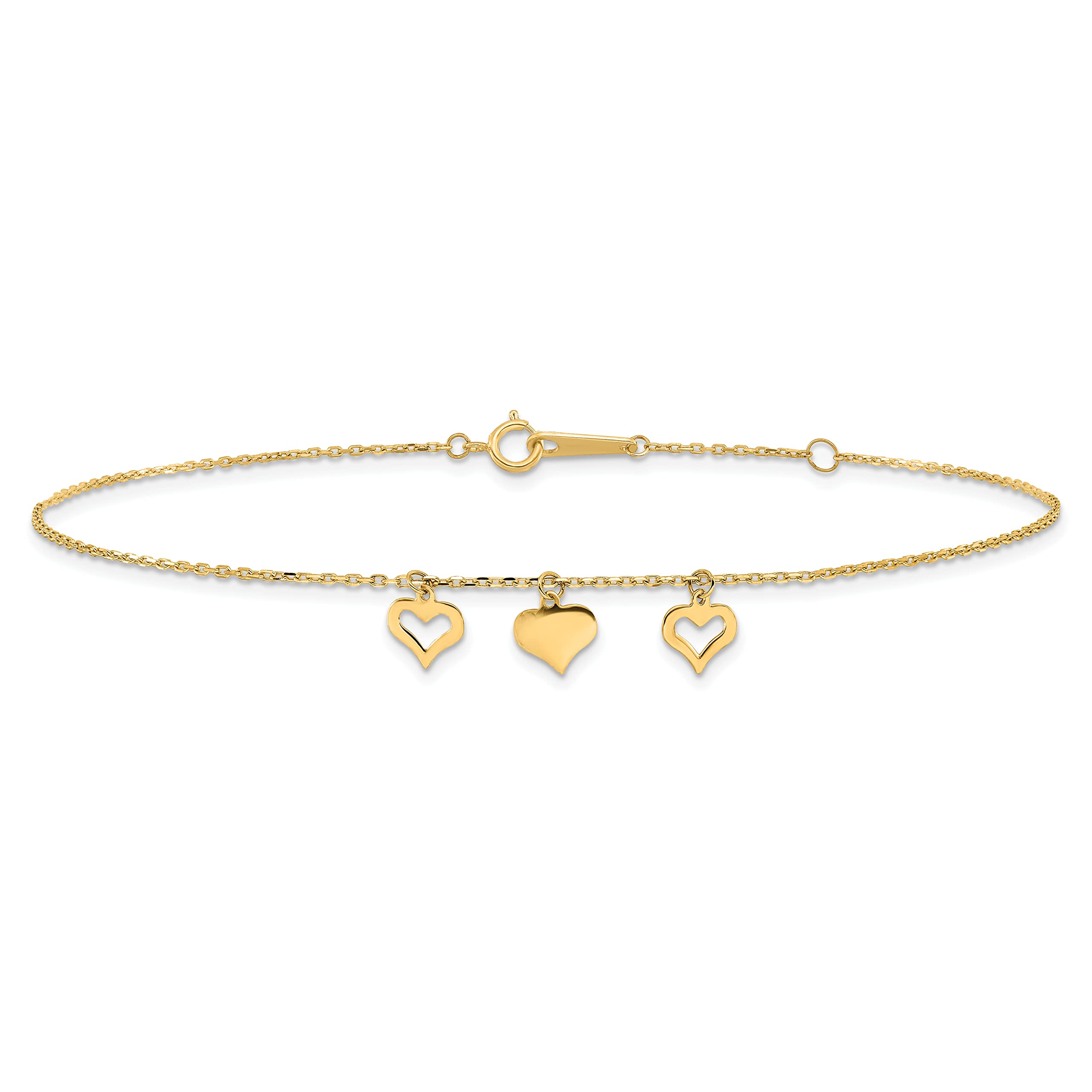 14K Gold 3 Hearts Anklet Chain - 9 Inches with 1 Inch Extension | Adjustable Ankle Bracelet for Women | Perfect for Beach, Wedding & Everyday Wear