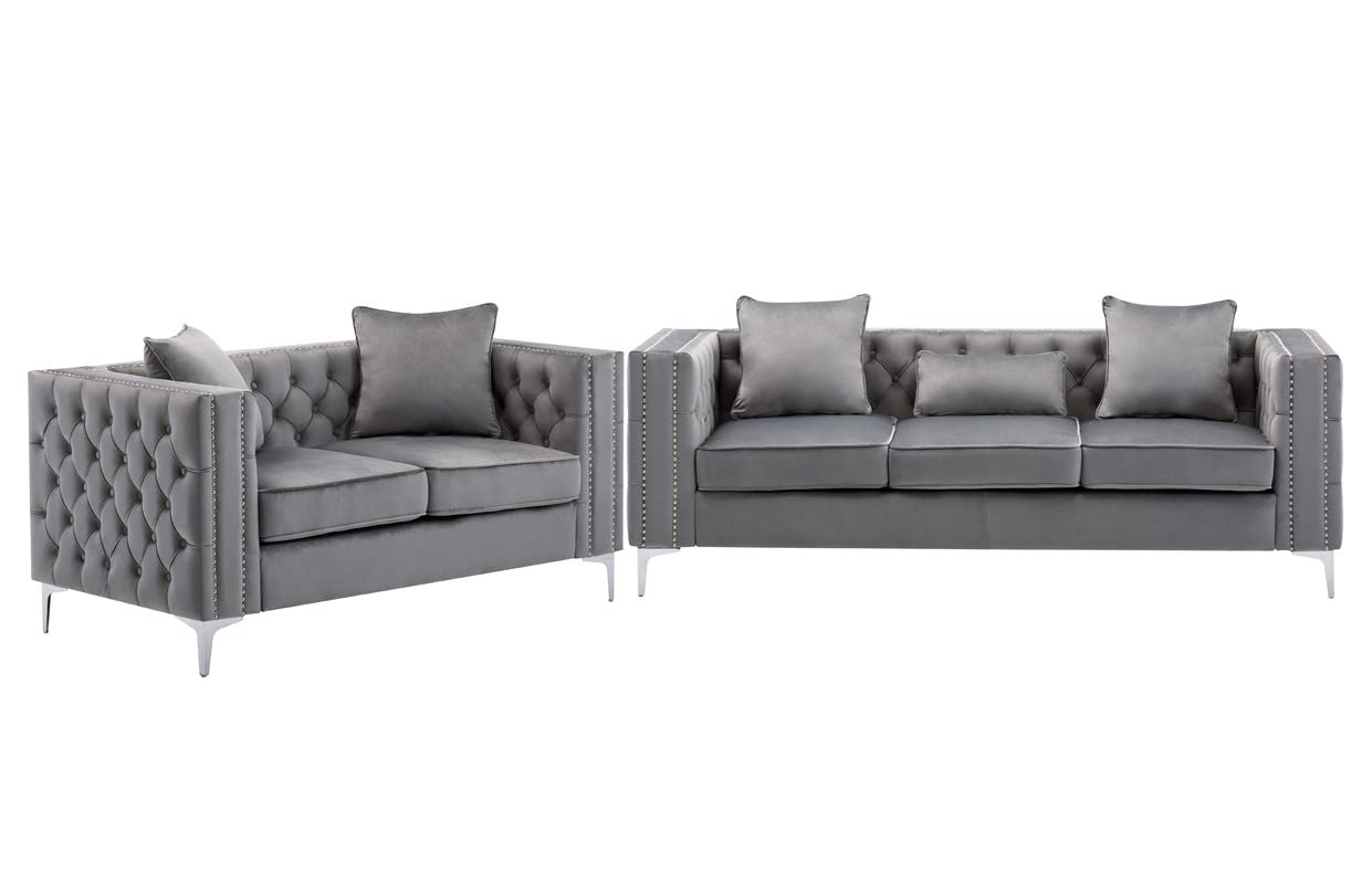 Lilola Home Lorreto Gray Velvet Fabric Sofa Loveseat Set - Modern Living Room Furniture for Small Spaces, Apartment & Cozy Home Decor