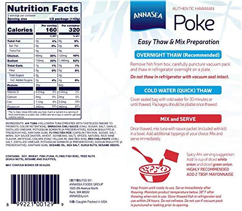 Annasea Frozen Poke Kit (Spicy Ahi) - 4 Pack, Sustainably Pole-Caught Wild Tuna, Ready-to-Eat Hawaiian Poke Bowl Kit for Quick Lunches & Healthy Dinners