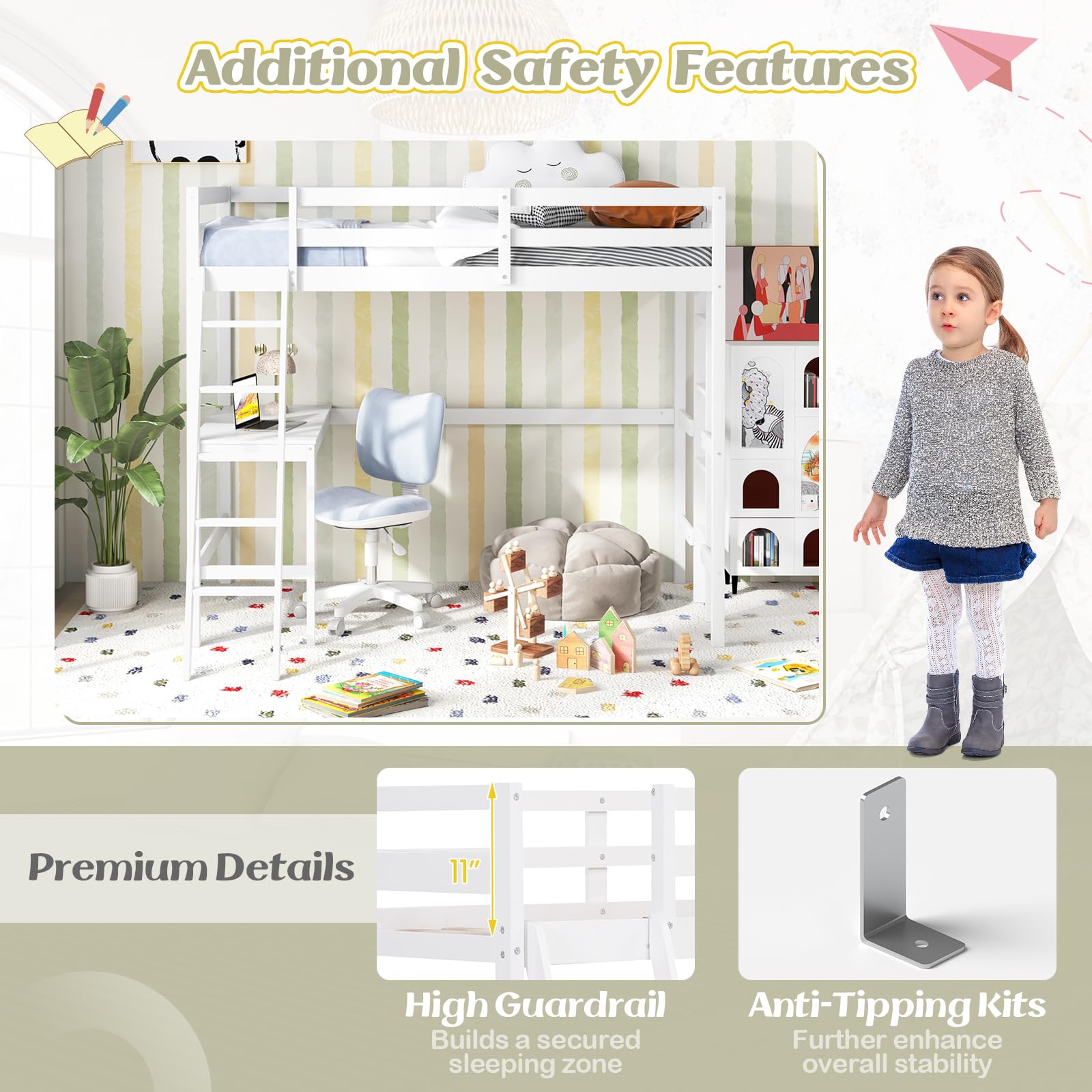 **KOMFOTT Twin Loft Bed with Desk - Solid Wood Loft Bed Frame for Teens & Adults - Space-Saving Bunk Bed with 2 Ladders & Safety Guardrail - No Box Spring Needed - Sturdy Wooden Slats Support (White) - Perfect for Small Bedrooms, Dorms, and Studio Apartments**