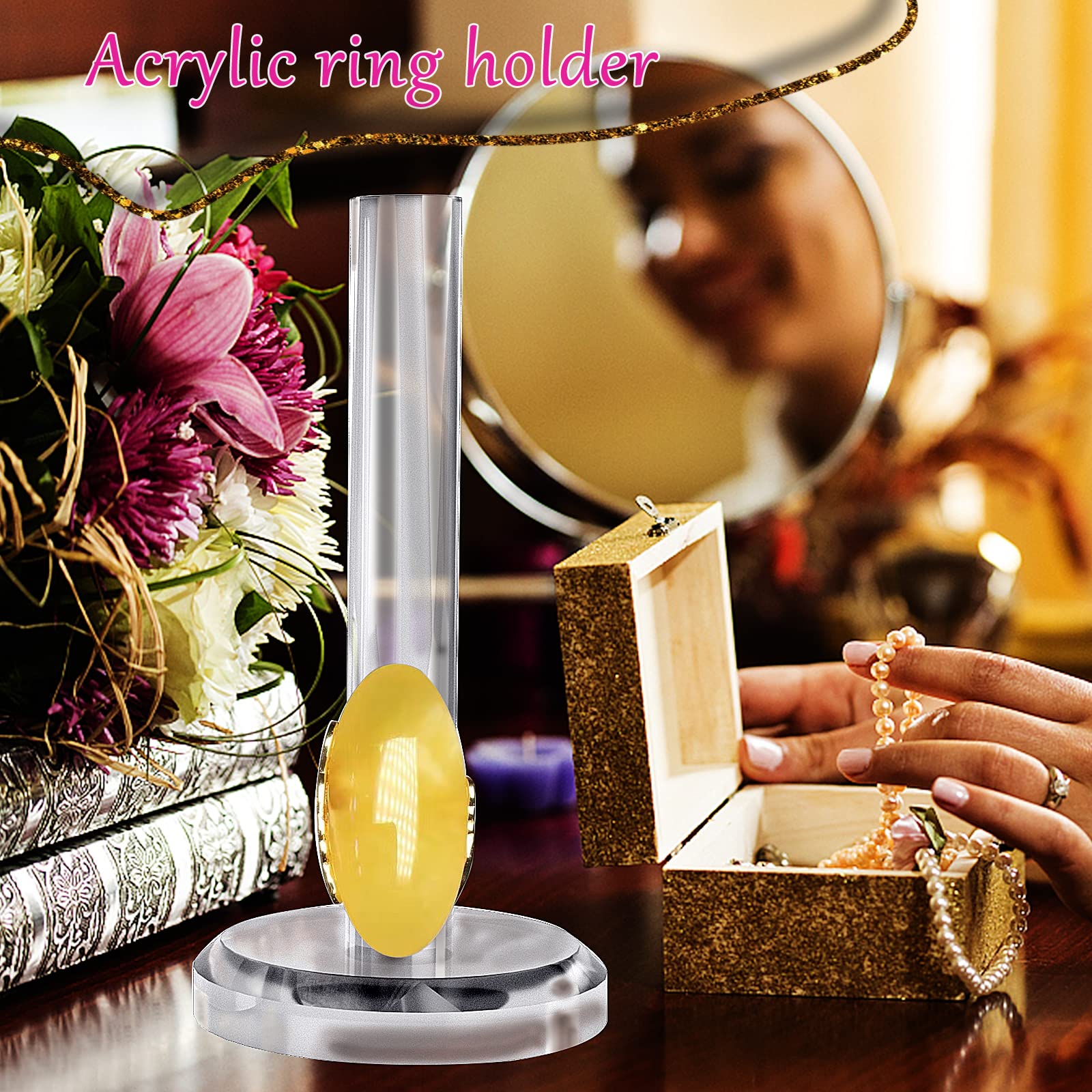 2 Pack Crystal Clear Acrylic Ring Holder Jewelry Stand - Elegant Ring Organizer for Wedding Bands, Engagement Rings & Jewelry Display - Perfect for Dresser Top, Vanity Decor, Jewelry Store Showcase & Gift Packaging