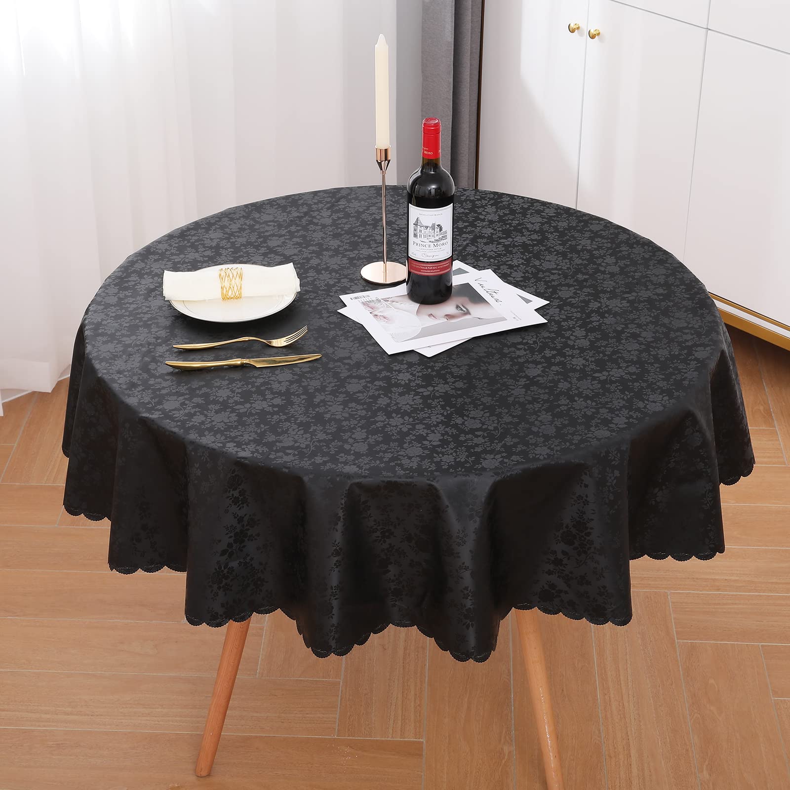 Waterproof Heavy Duty Vinyl Wipeable Washable 60 x 60 Inch Black Tablecloth for Kitchen and Dining Room
